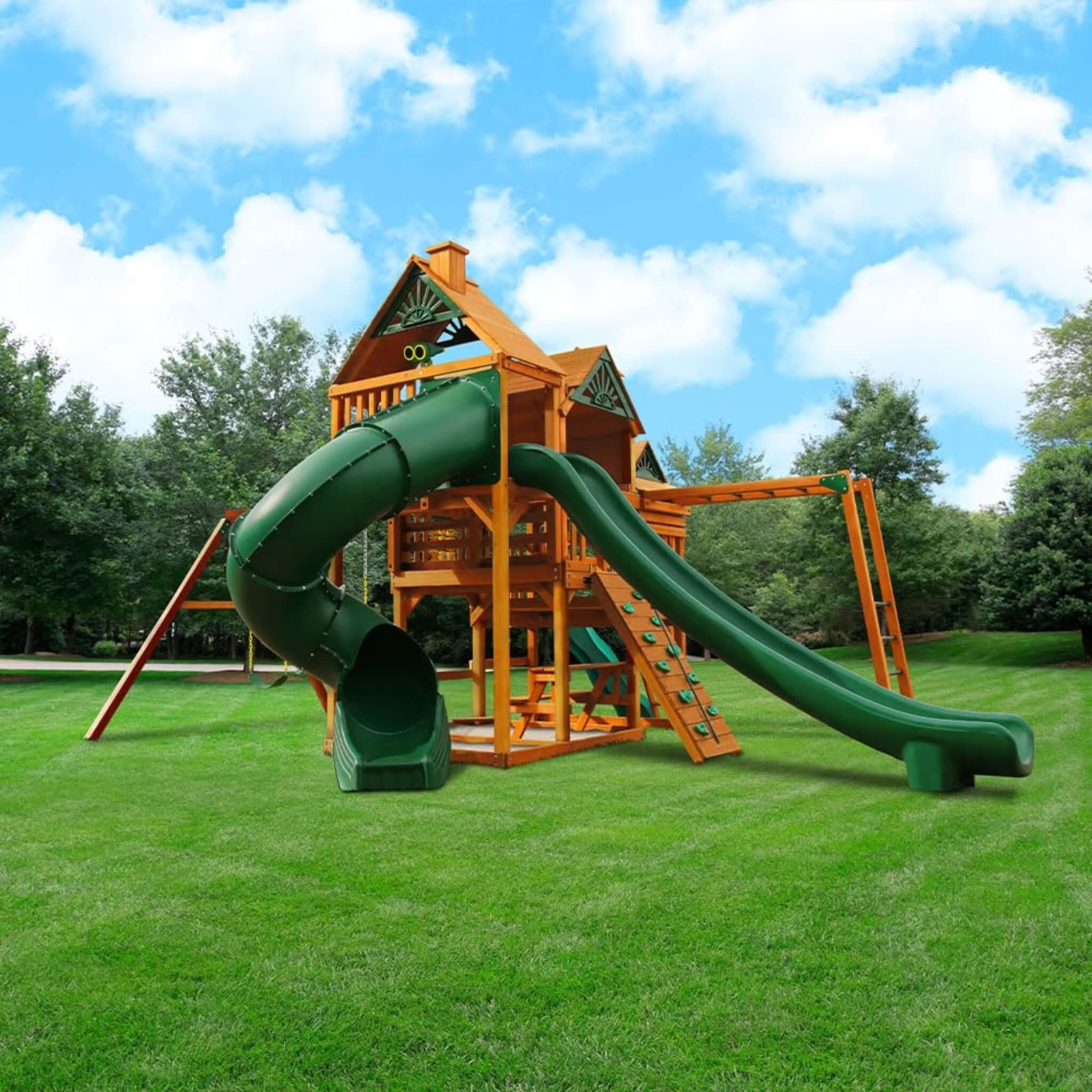 Premium Cedar Wood Swing Set With 3 Play Decks 3 Slides And Monkey Bars (SAK21486)