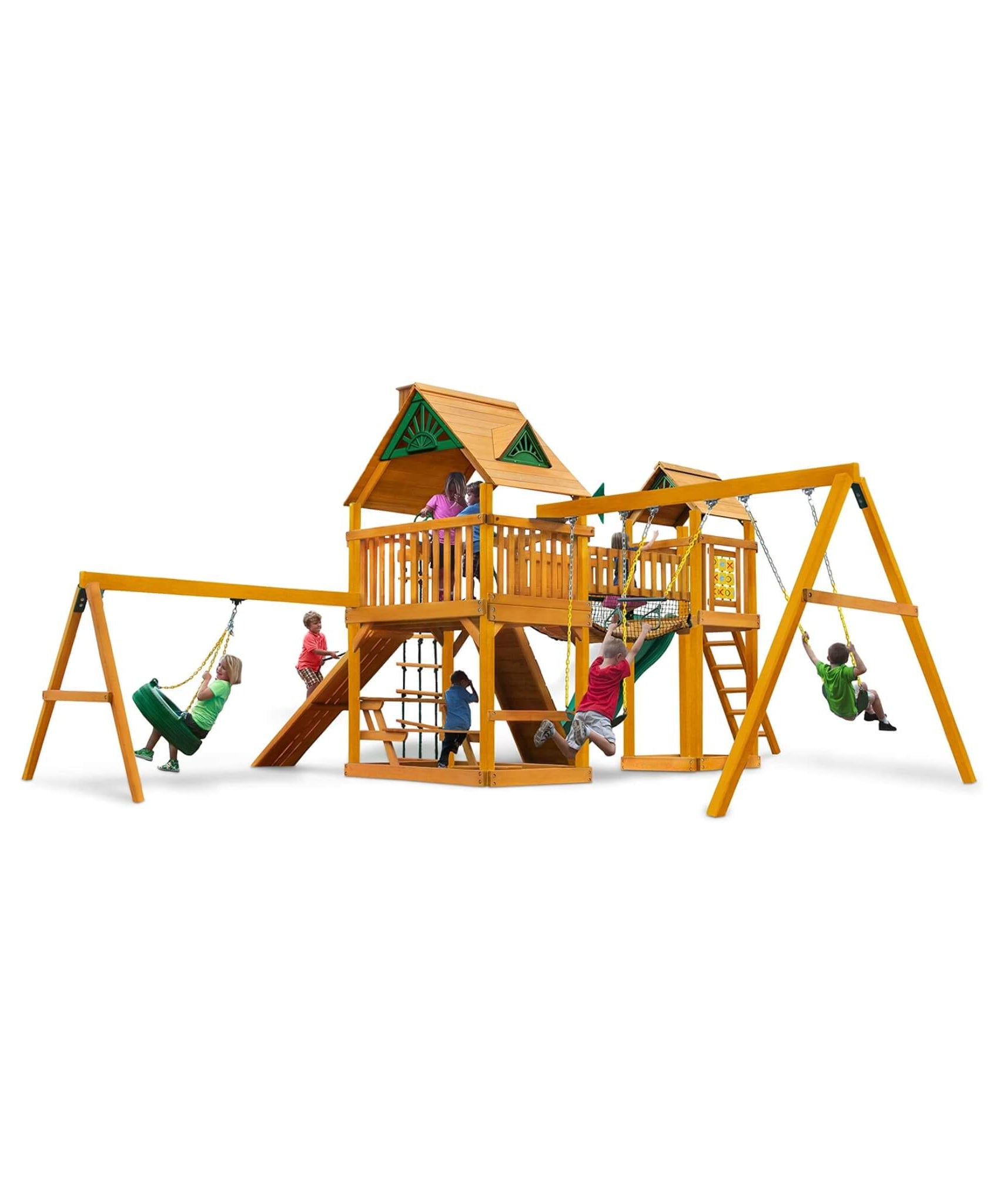 Premium Cedar Wood Swing Set With Tower Tire Swing Slide Ramp And Clatter Bridge (SAK85961)