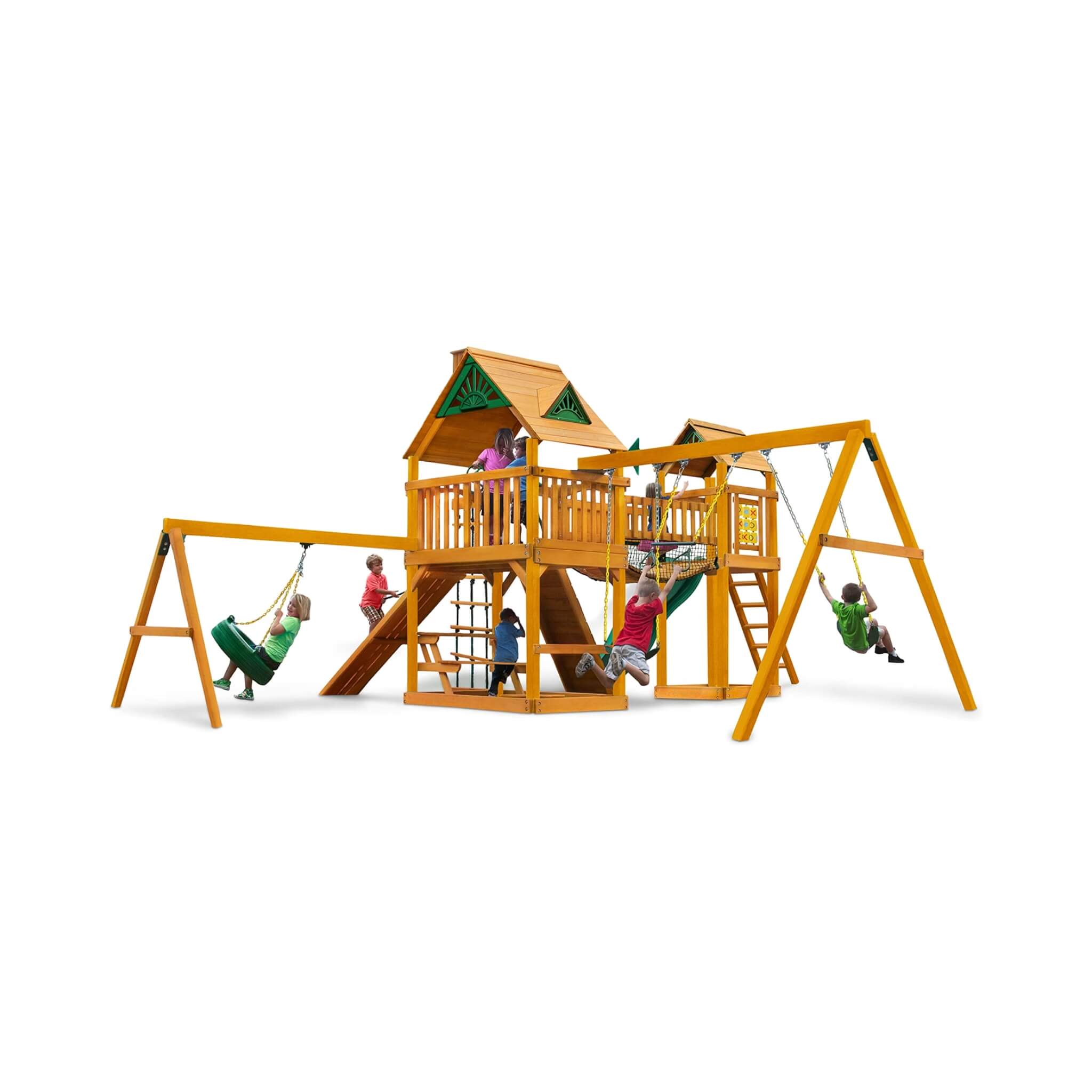 Premium Cedar Wood Swing Set With Tower Tire Swing Slide Ramp And Clatter Bridge (SAK85961)