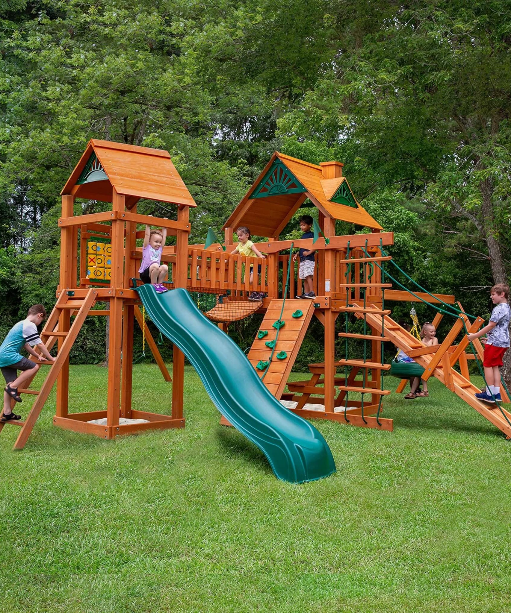 Premium Cedar Wood Swing Set With Tower Tire Swing Slide Ramp And Clatter Bridge (SAK85961)