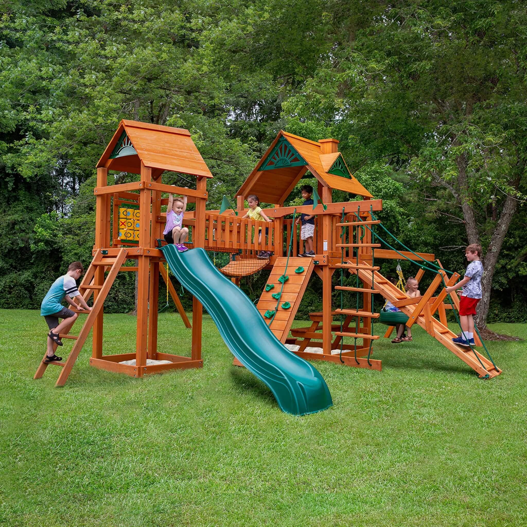 Premium Cedar Wood Swing Set With Tower Tire Swing Slide Ramp And Clatter Bridge (SAK85961)