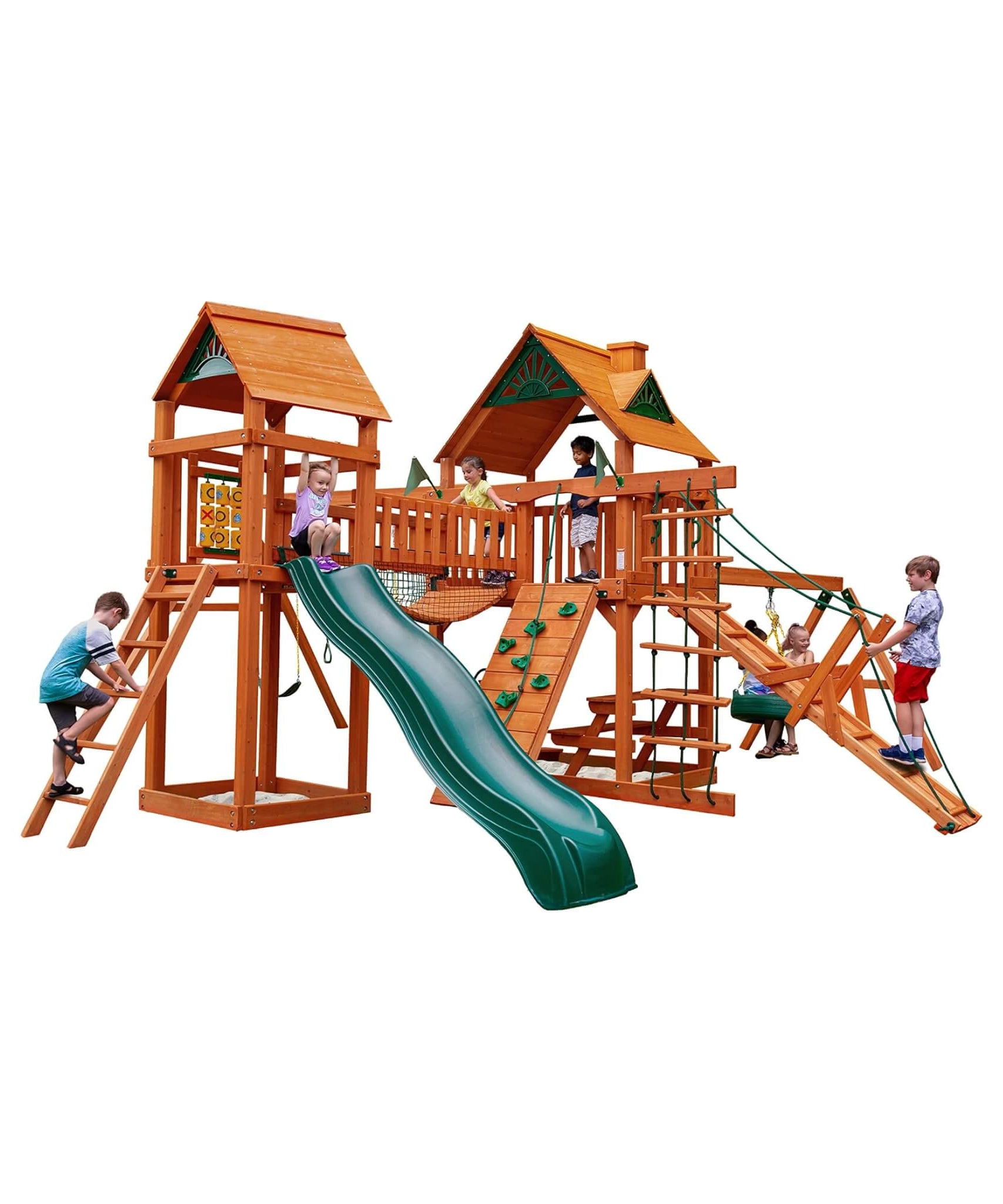 Premium Cedar Wood Swing Set With Tower Tire Swing Slide Ramp And Clatter Bridge (SAK85961)