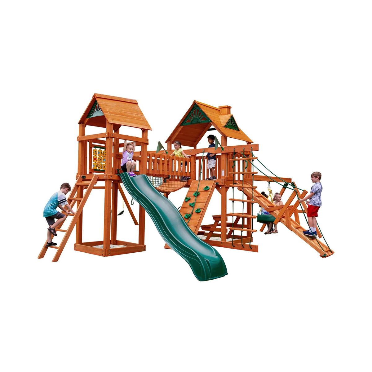 Premium Cedar Wood Swing Set With Tower Tire Swing Slide Ramp And Clatter Bridge (SAK85961)
