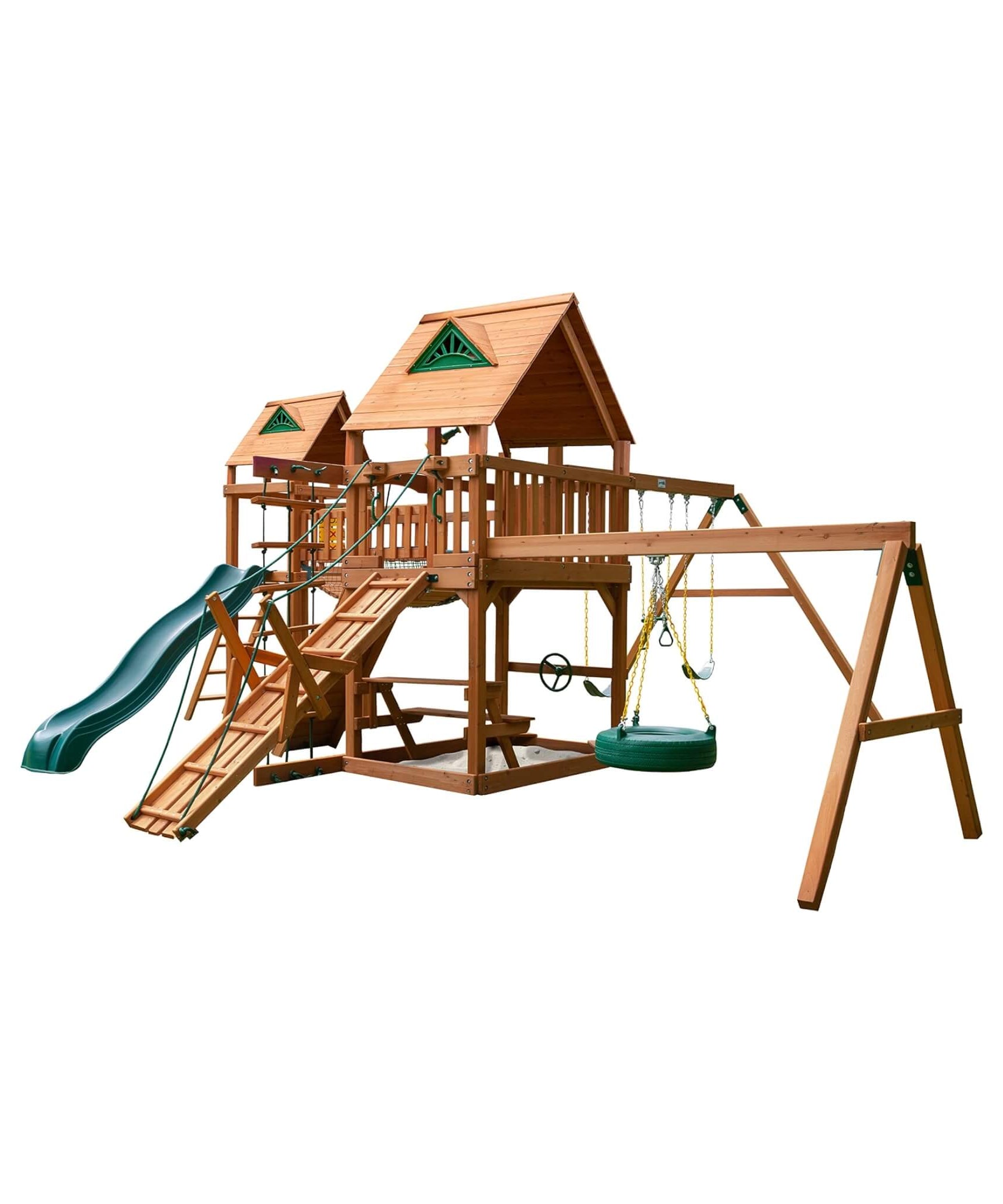 Premium Cedar Wood Swing Set With Tower Tire Swing Slide Ramp And Clatter Bridge (SAK85961)