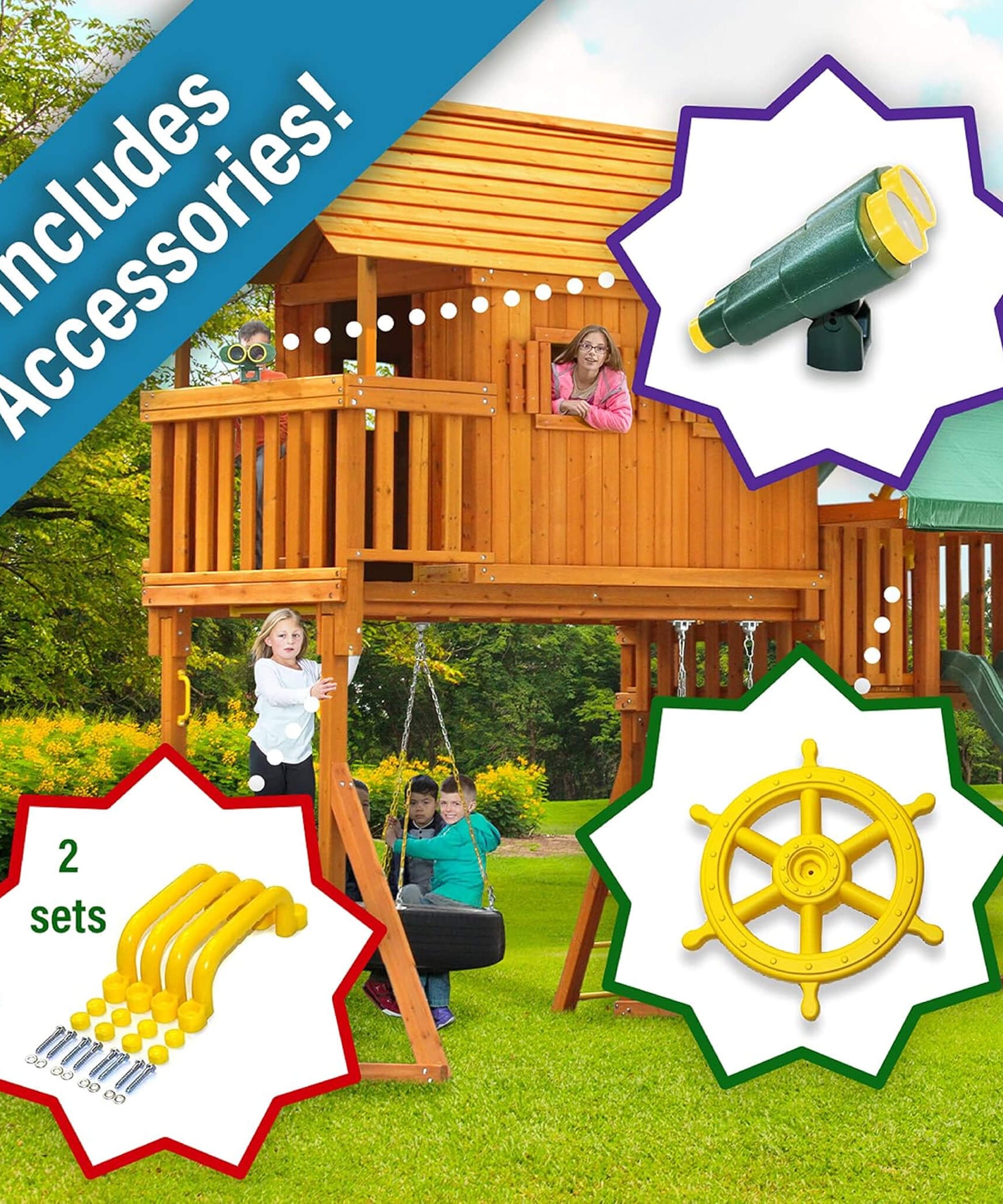 Premium Cedar Wood Tree House Swing Set With Built-In Covered Porch, Chimney, Monkey Bars And Slide (SAK18427)