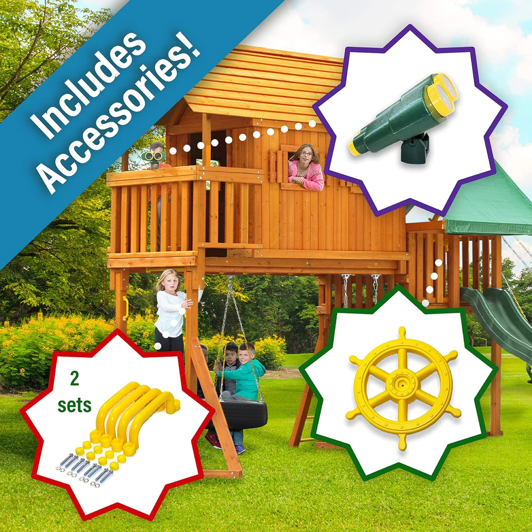 Premium Cedar Wood Tree House Swing Set With Built-In Covered Porch, Chimney, Monkey Bars And Slide (SAK18427)