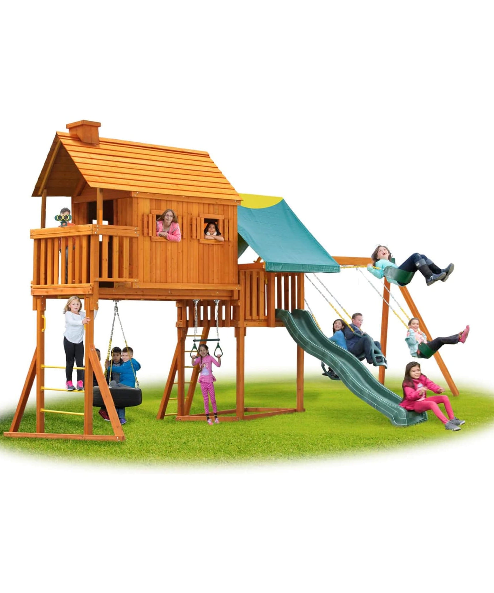 Premium Cedar Wood Tree House Swing Set With Built-In Covered Porch, Chimney, Monkey Bars And Slide (SAK18427)
