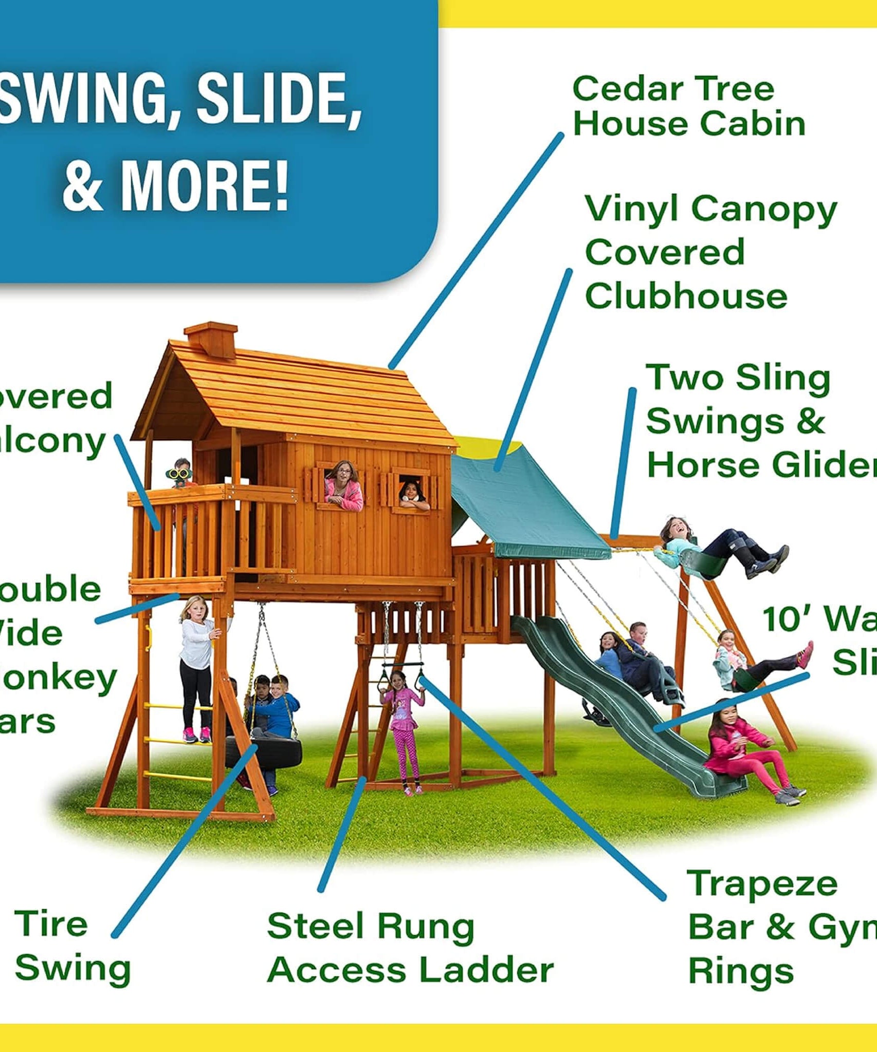 Premium Cedar Wood Tree House Swing Set With Built-In Covered Porch, Chimney, Monkey Bars And Slide (SAK18427)