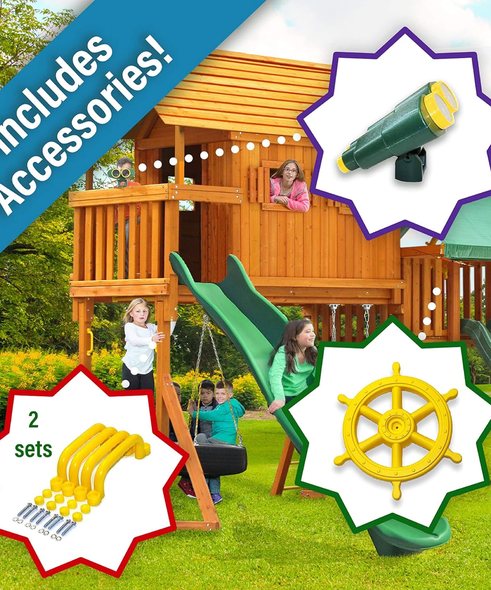 Premium Cedar Wood Tree House Swing Set With Clubhouse, Wave Slide And Scoop Slide (SAK30746)