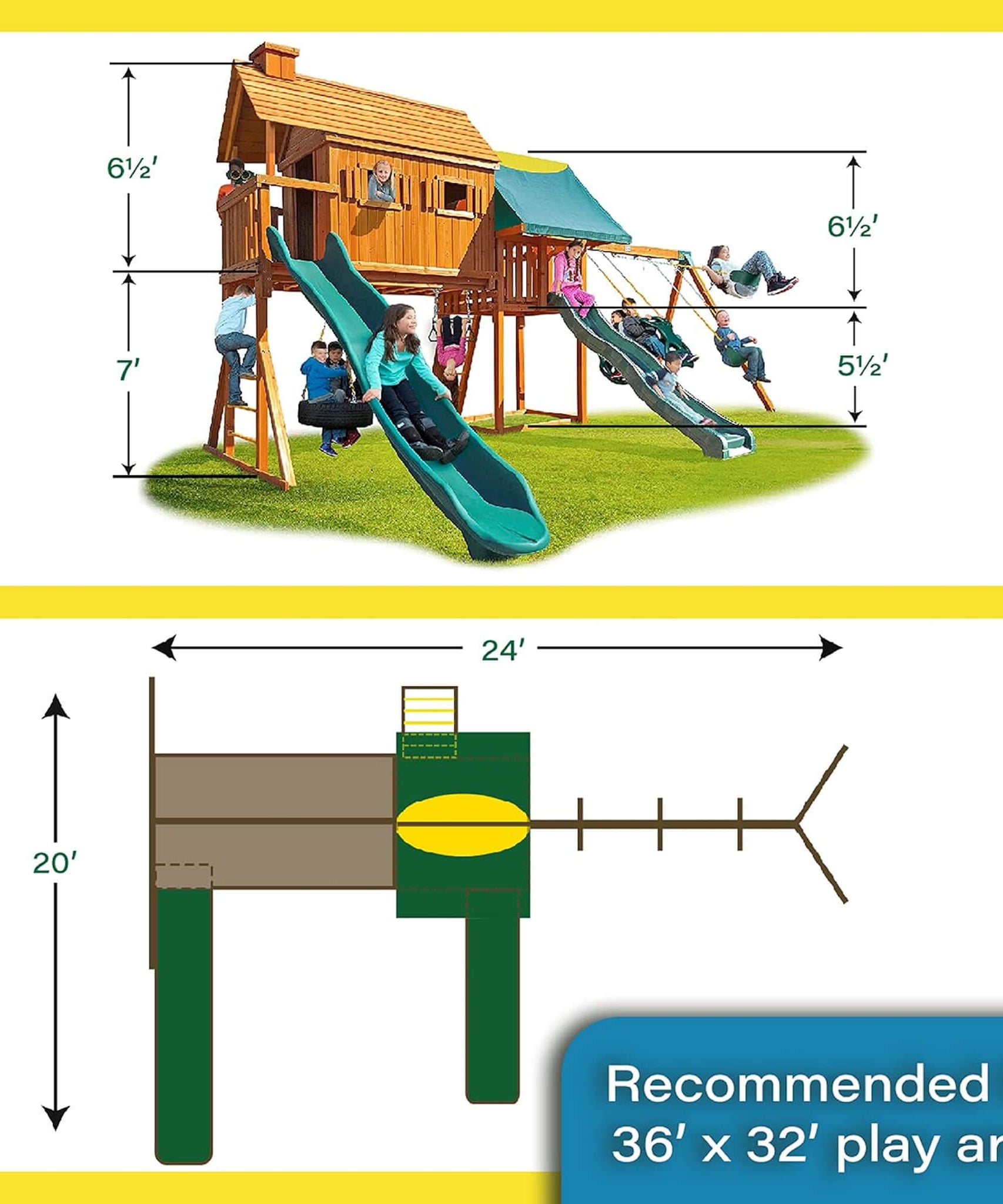 Premium Cedar Wood Tree House Swing Set With Clubhouse, Wave Slide And Scoop Slide (SAK30746)