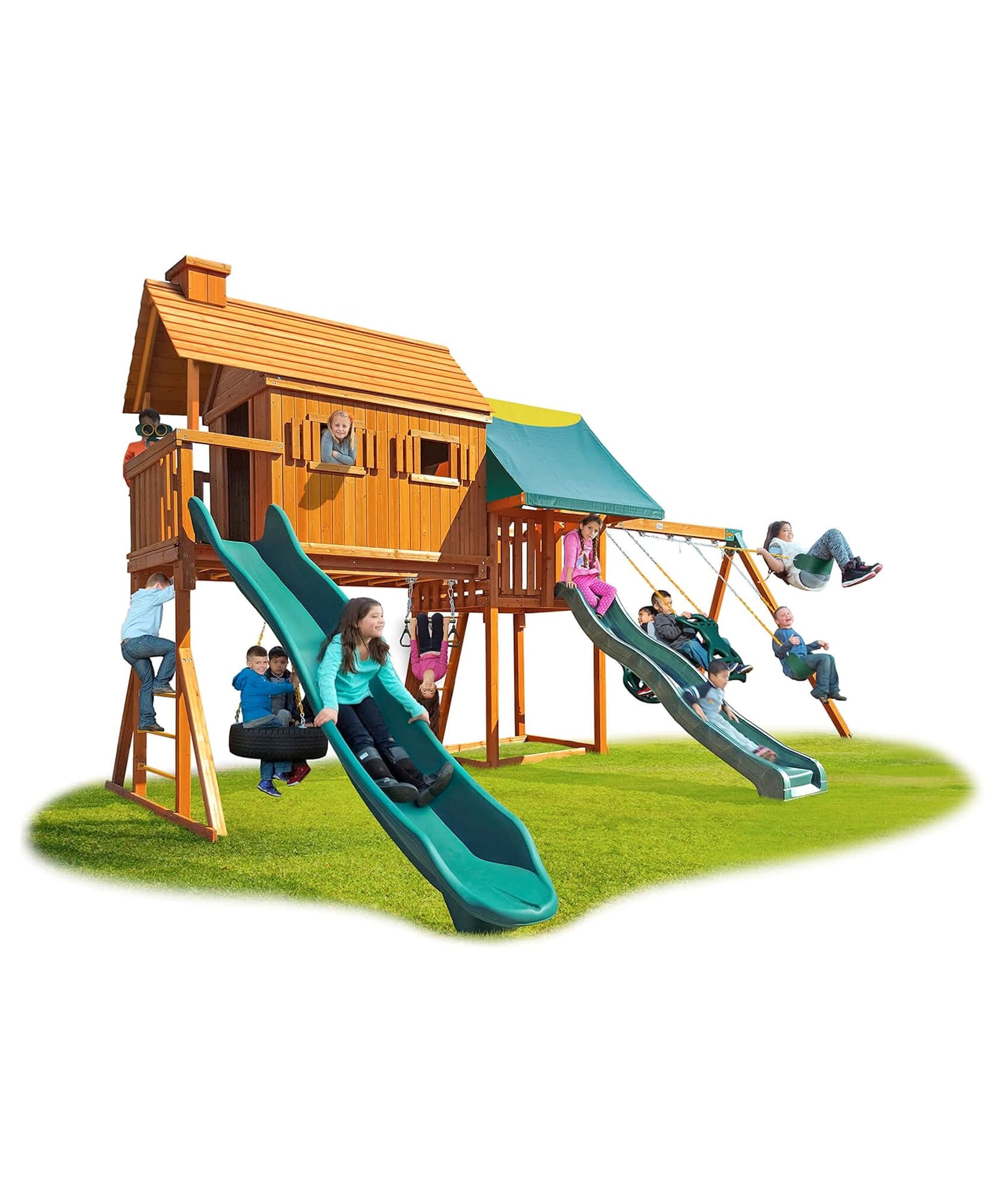 Premium Cedar Wood Tree House Swing Set With Clubhouse, Wave Slide And Scoop Slide (SAK30746)