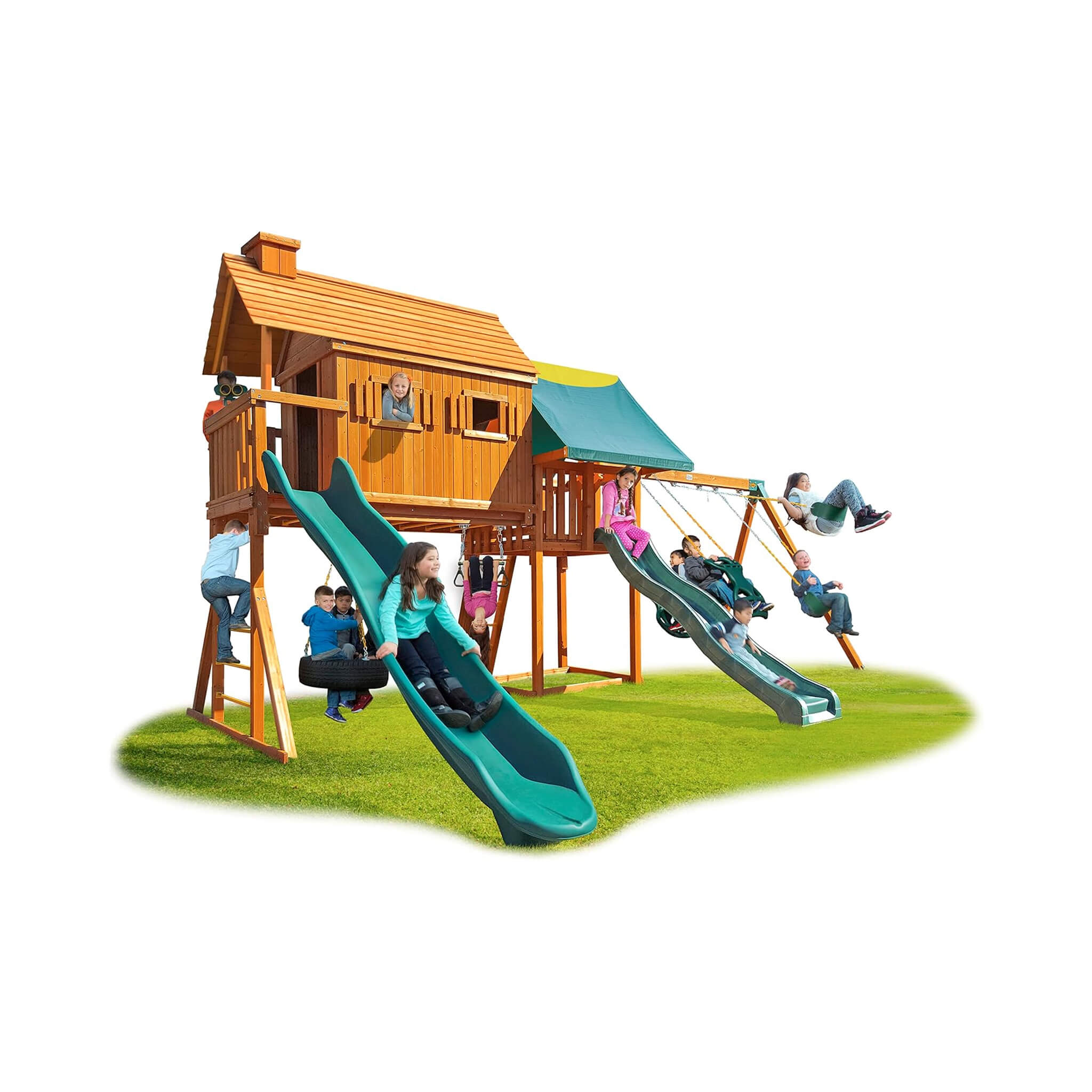 Premium Cedar Wood Tree House Swing Set With Clubhouse, Wave Slide And Scoop Slide (SAK30746)