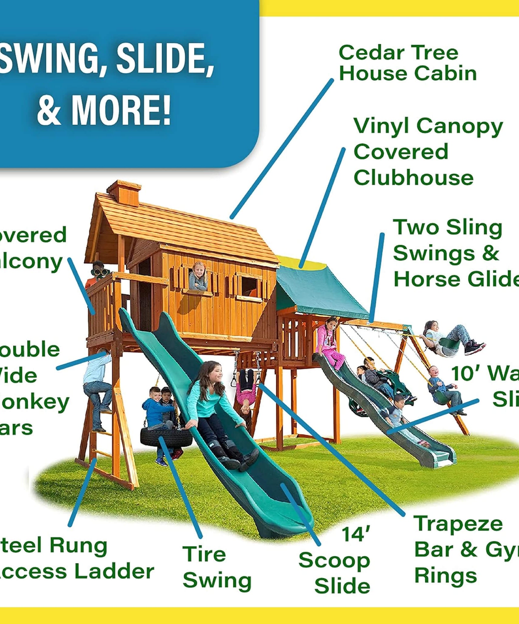 Premium Cedar Wood Tree House Swing Set With Clubhouse, Wave Slide And Scoop Slide (SAK30746)