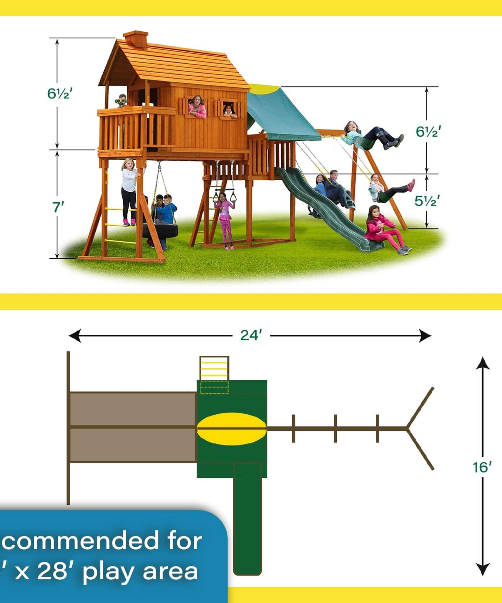 Premium Cedar Wood Tree House Swing Set With Clubhouse, Wave Slide And Spiral Slide (SAK29581)
