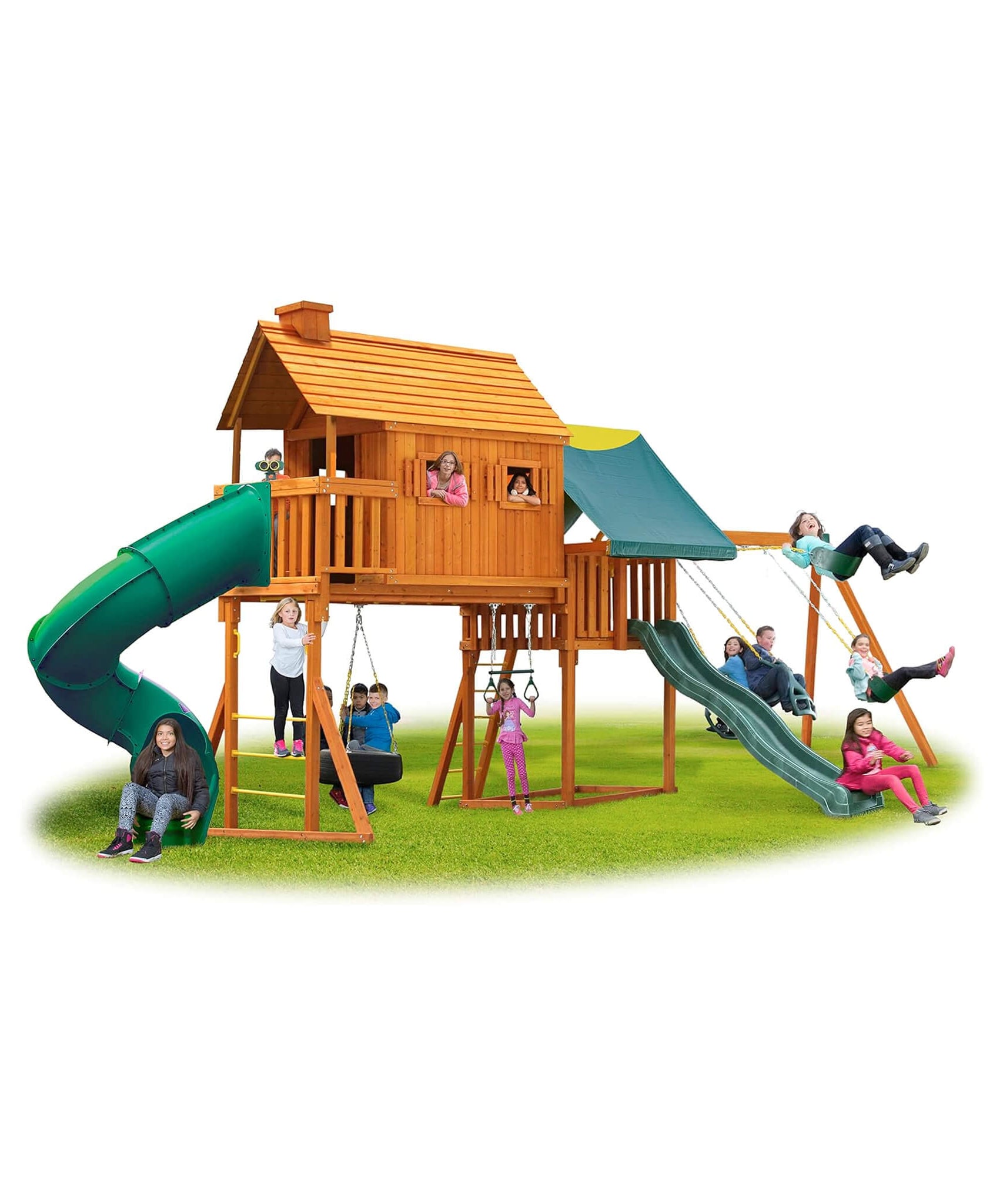 Premium Cedar Wood Tree House Swing Set With Clubhouse, Wave Slide And Spiral Slide (SAK29581)
