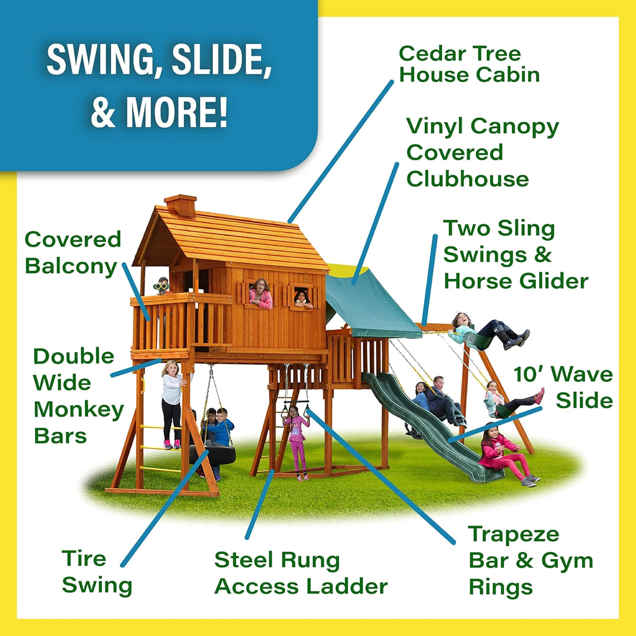 Premium Cedar Wood Tree House Swing Set With Clubhouse, Wave Slide And Spiral Slide (SAK29581)