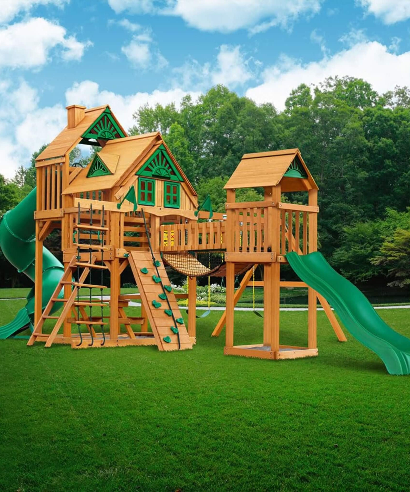 Premium Cedar Wood Treehouse Swing Set With Tube Slide And Sandbox (SAK71923)
