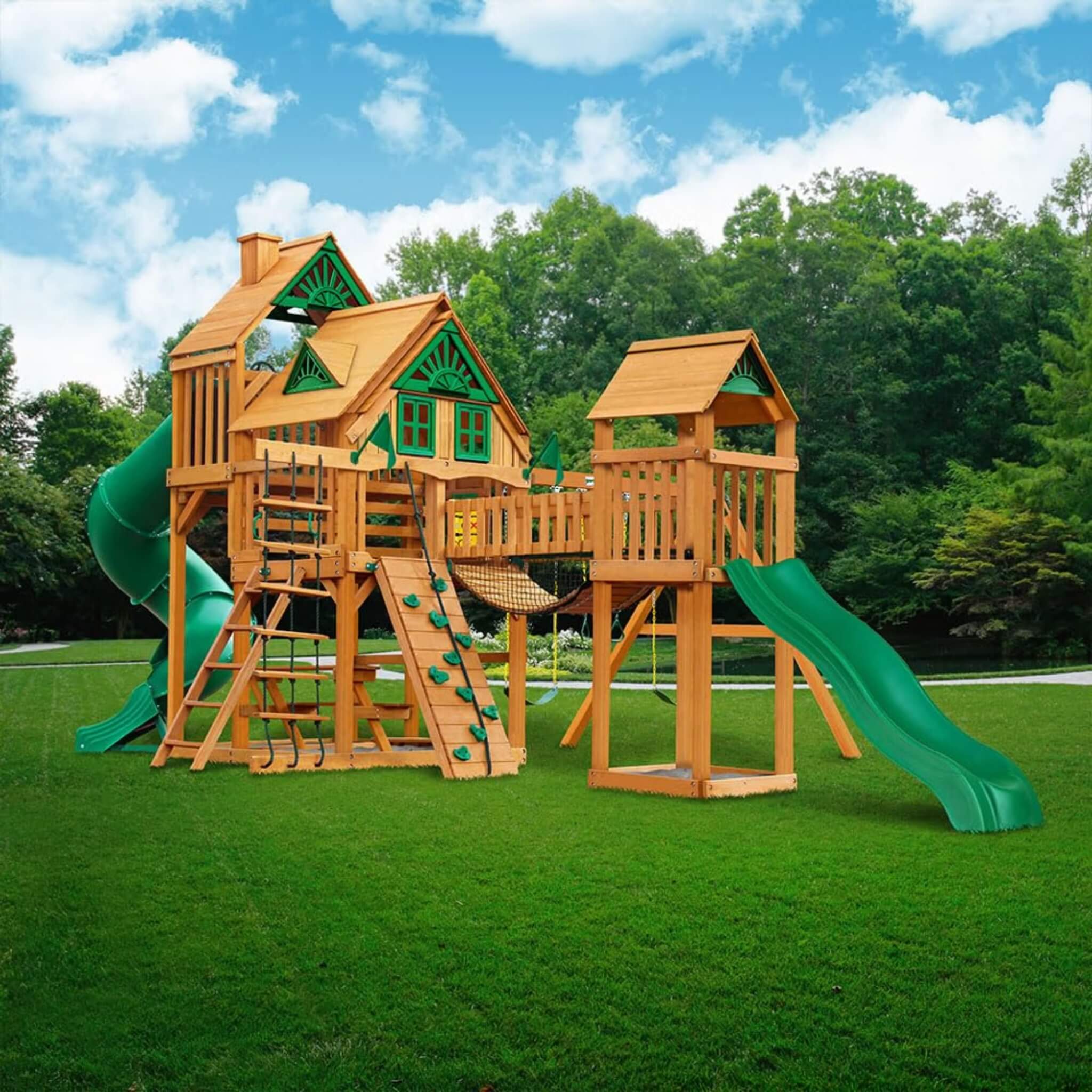 Premium Cedar Wood Treehouse Swing Set With Tube Slide And Sandbox (SAK71923)