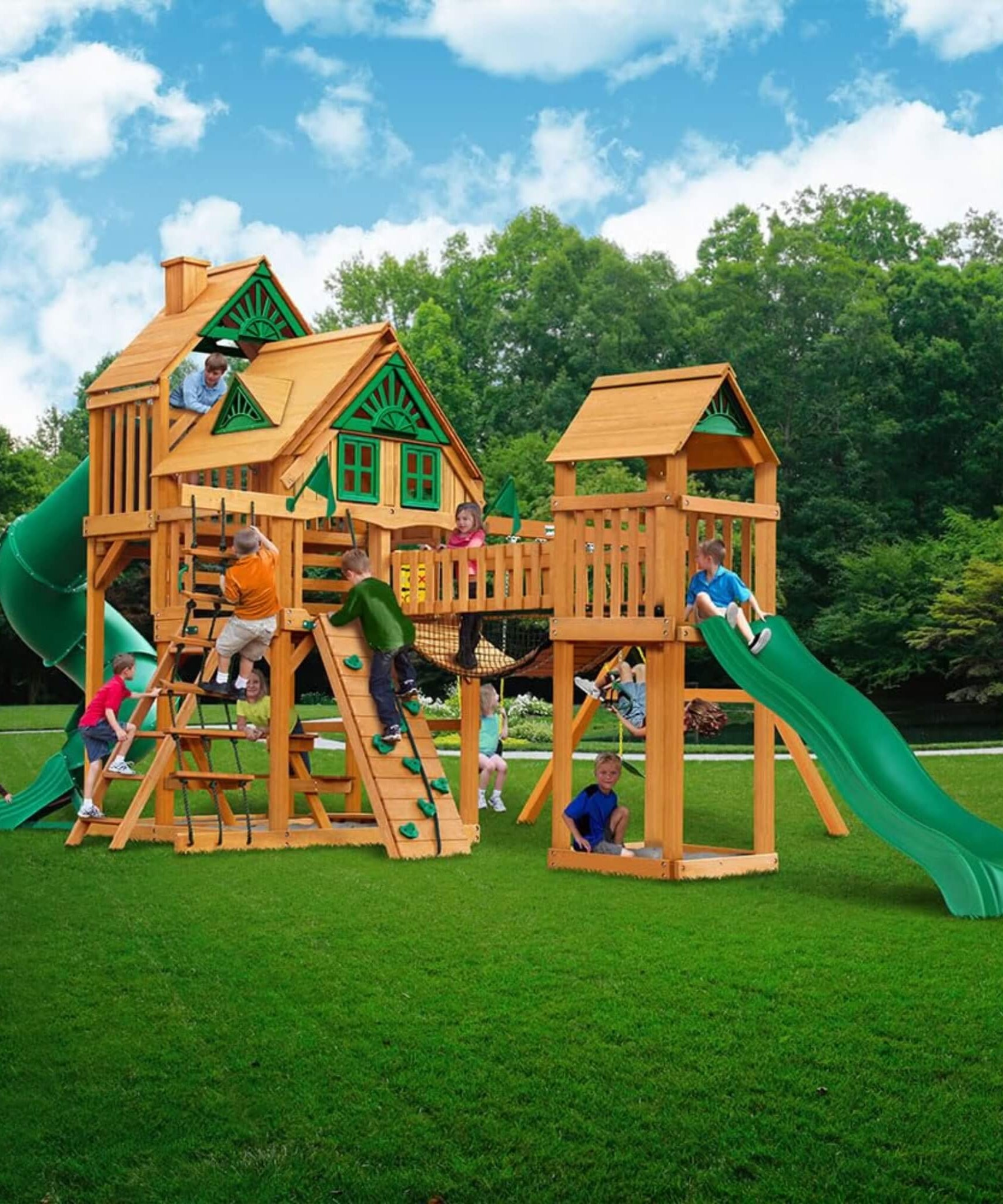Premium Cedar Wood Treehouse Swing Set With Tube Slide And Sandbox (SAK71923)