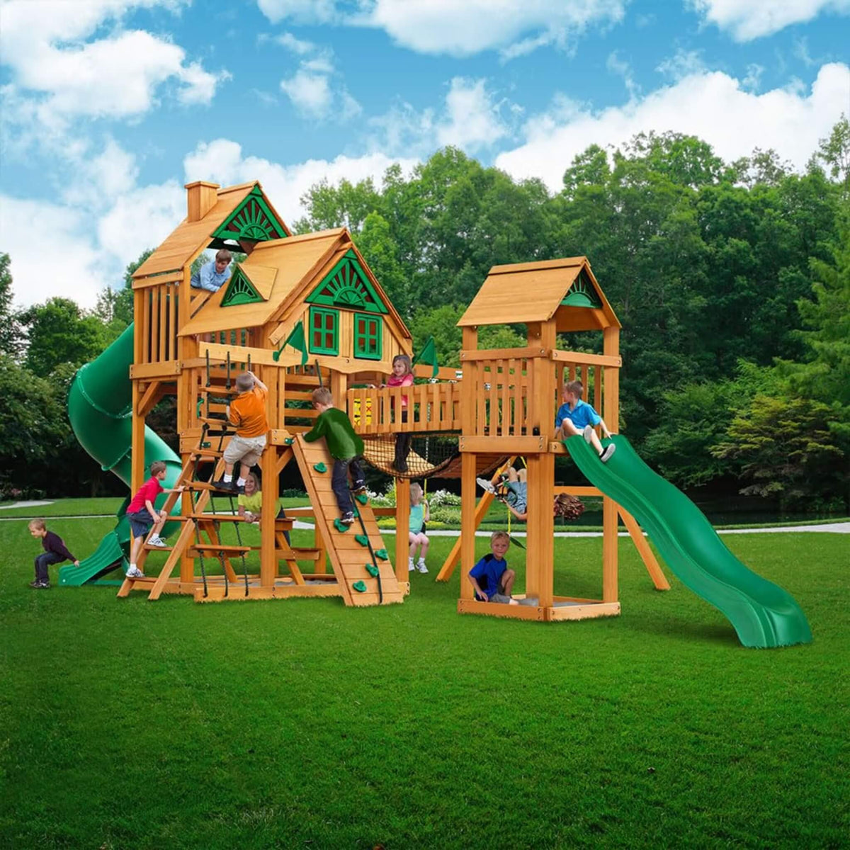 Premium Cedar Wood Treehouse Swing Set With Tube Slide And Sandbox (SAK71923)