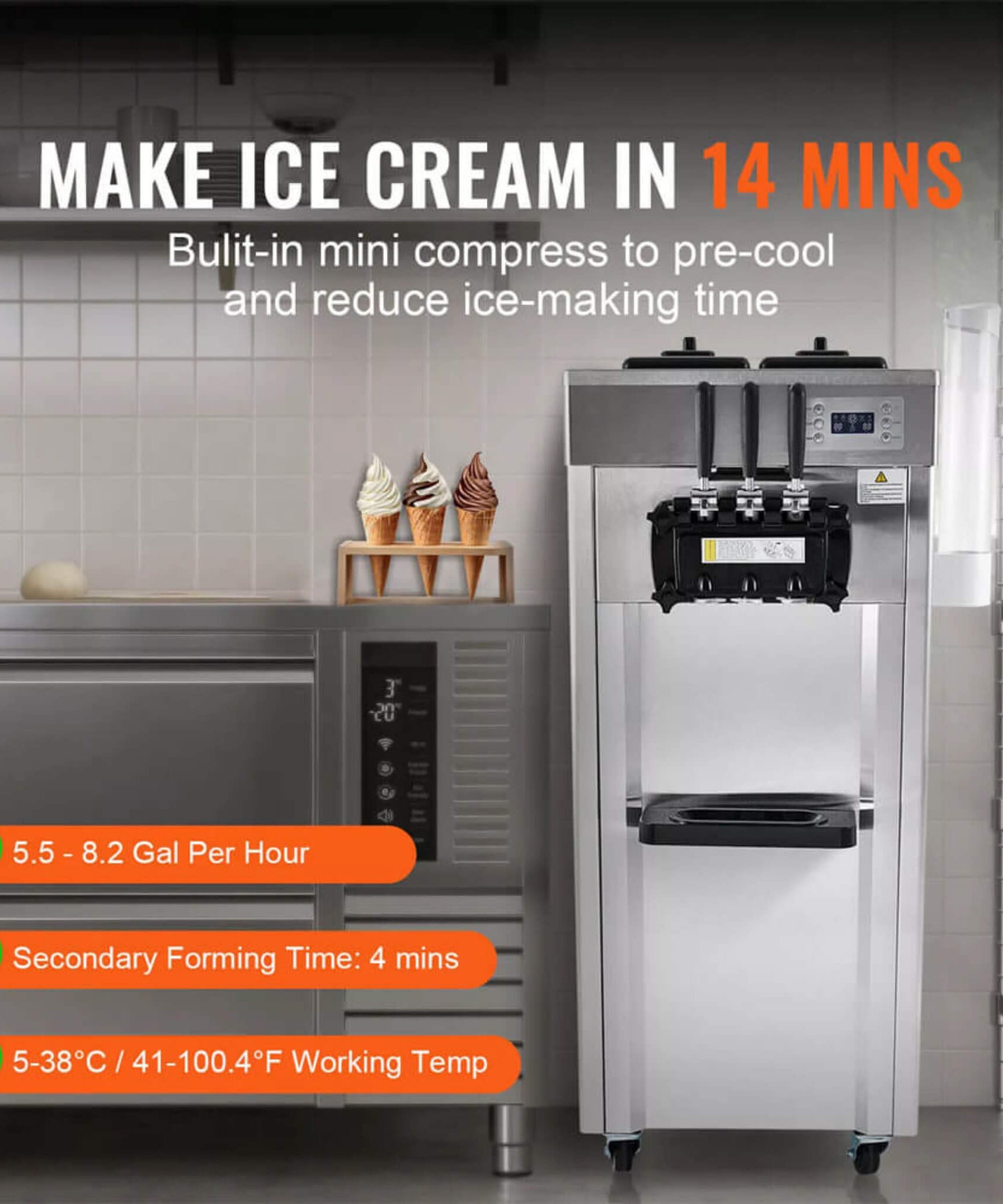 Commercial 21-31 L/H 3-Flavor Freestanding Soft Serve Ice Cream Machine Maker (SAK21874)