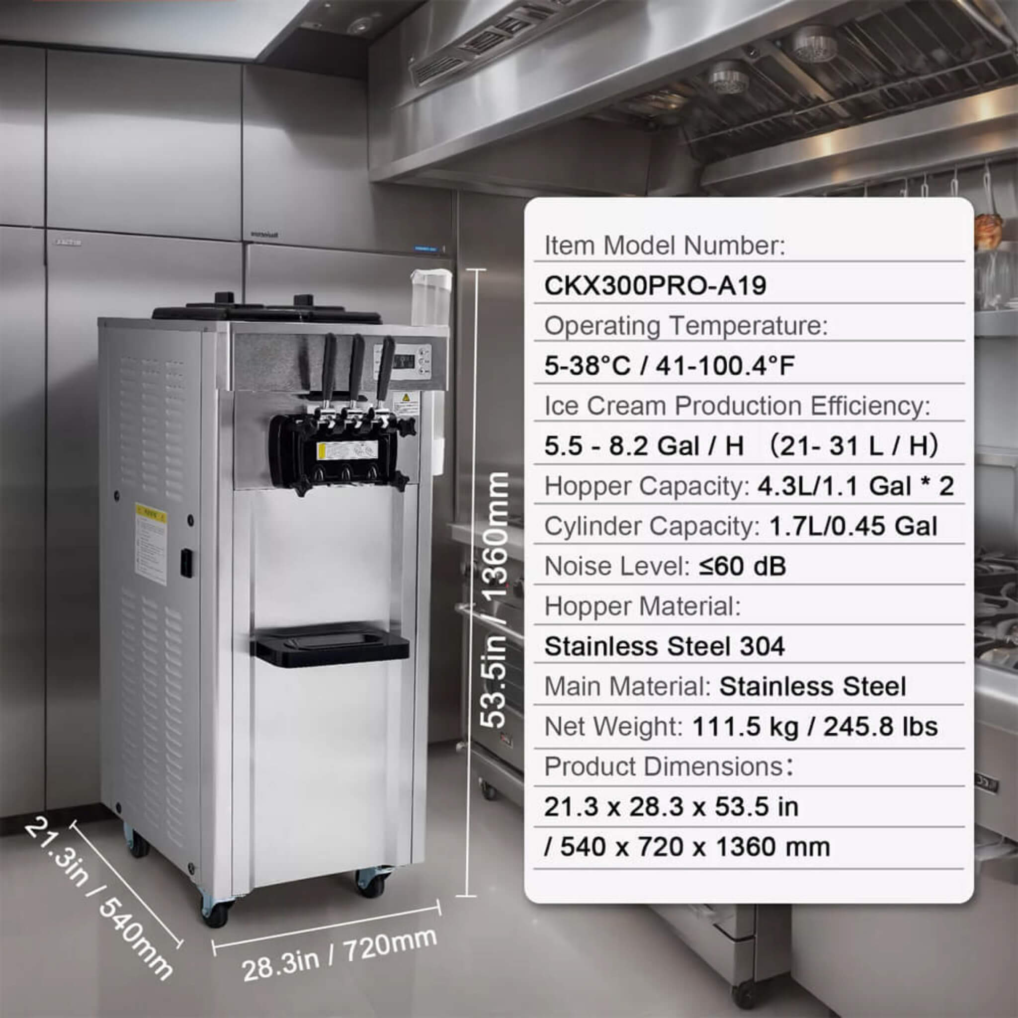 Commercial 21-31 L/H 3-Flavor Freestanding Soft Serve Ice Cream Machine Maker (SAK21874)