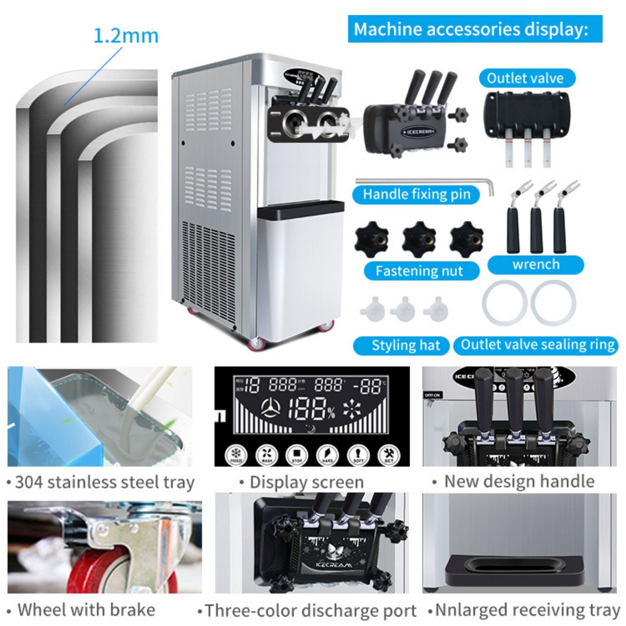 Commercial 25-30L/H Vertical 2000W 3-Flavor Soft Ice Cream Machine With Dual 6L Hoppers (SAK93406)