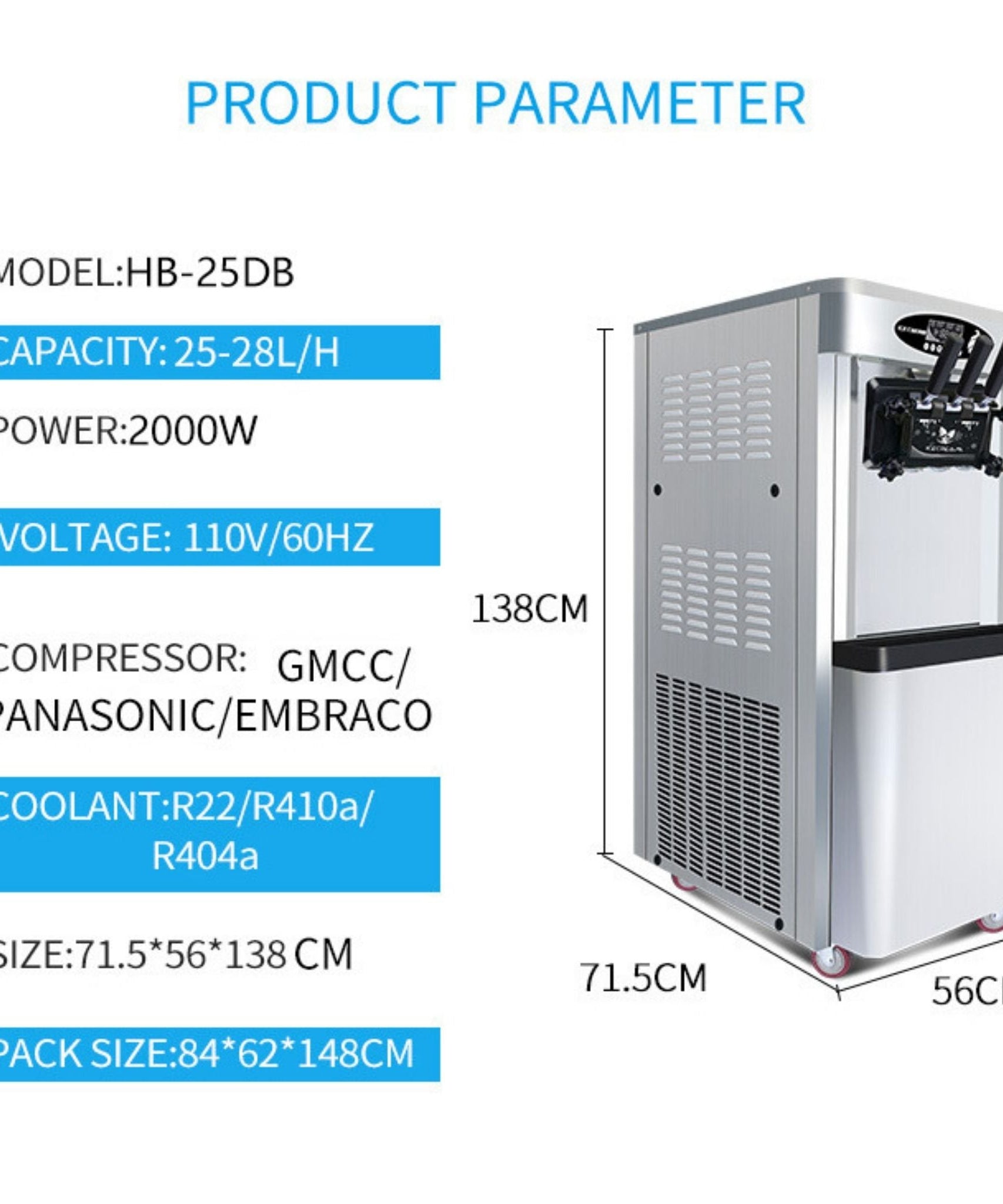 Commercial 25-30L/H Vertical 2000W 3-Flavor Soft Ice Cream Machine With Dual 6L Hoppers (SAK93406)