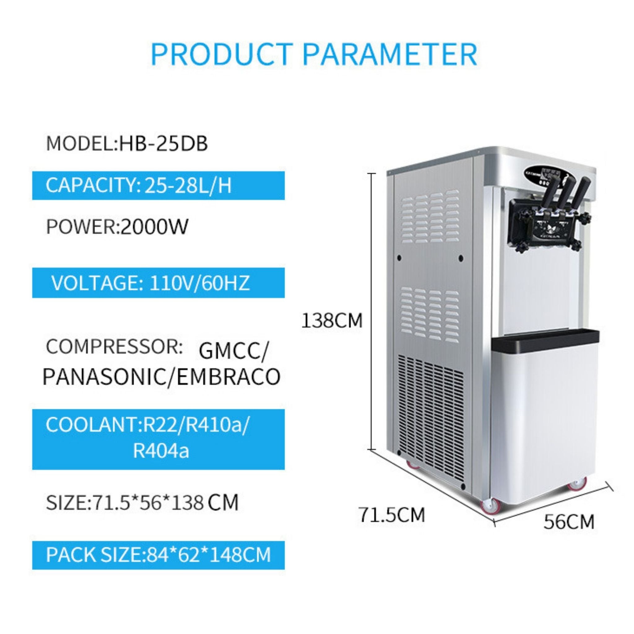 Commercial 25-30L/H Vertical 2000W 3-Flavor Soft Ice Cream Machine With Dual 6L Hoppers (SAK93406)