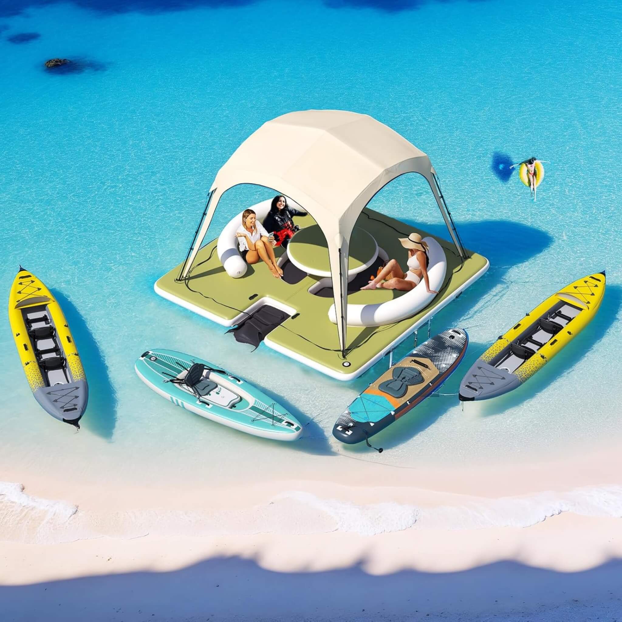 [11X11FT] Premium Floating Dock Lounge With With Ladder, Double Seats, Table, And Canopy (SAK49273)