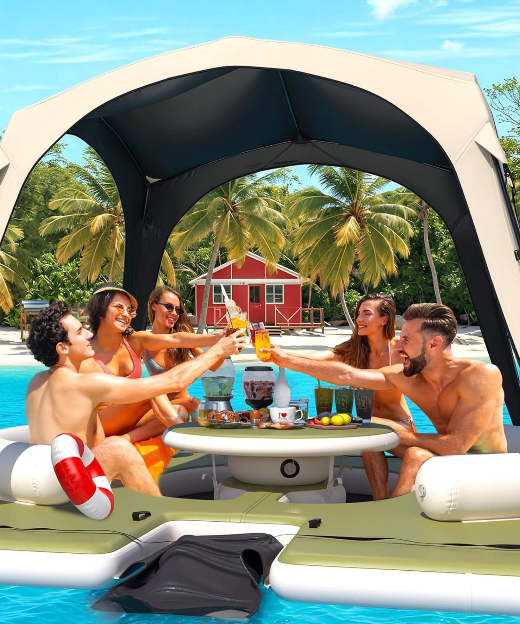 [11X11FT] Premium Floating Dock Lounge With With Ladder, Double Seats, Table, And Canopy (SAK49273)