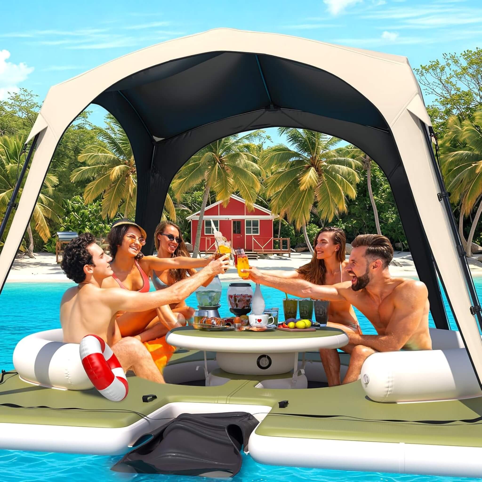 [11X11FT] Premium Floating Dock Lounge With With Ladder, Double Seats, Table, And Canopy (SAK49273)