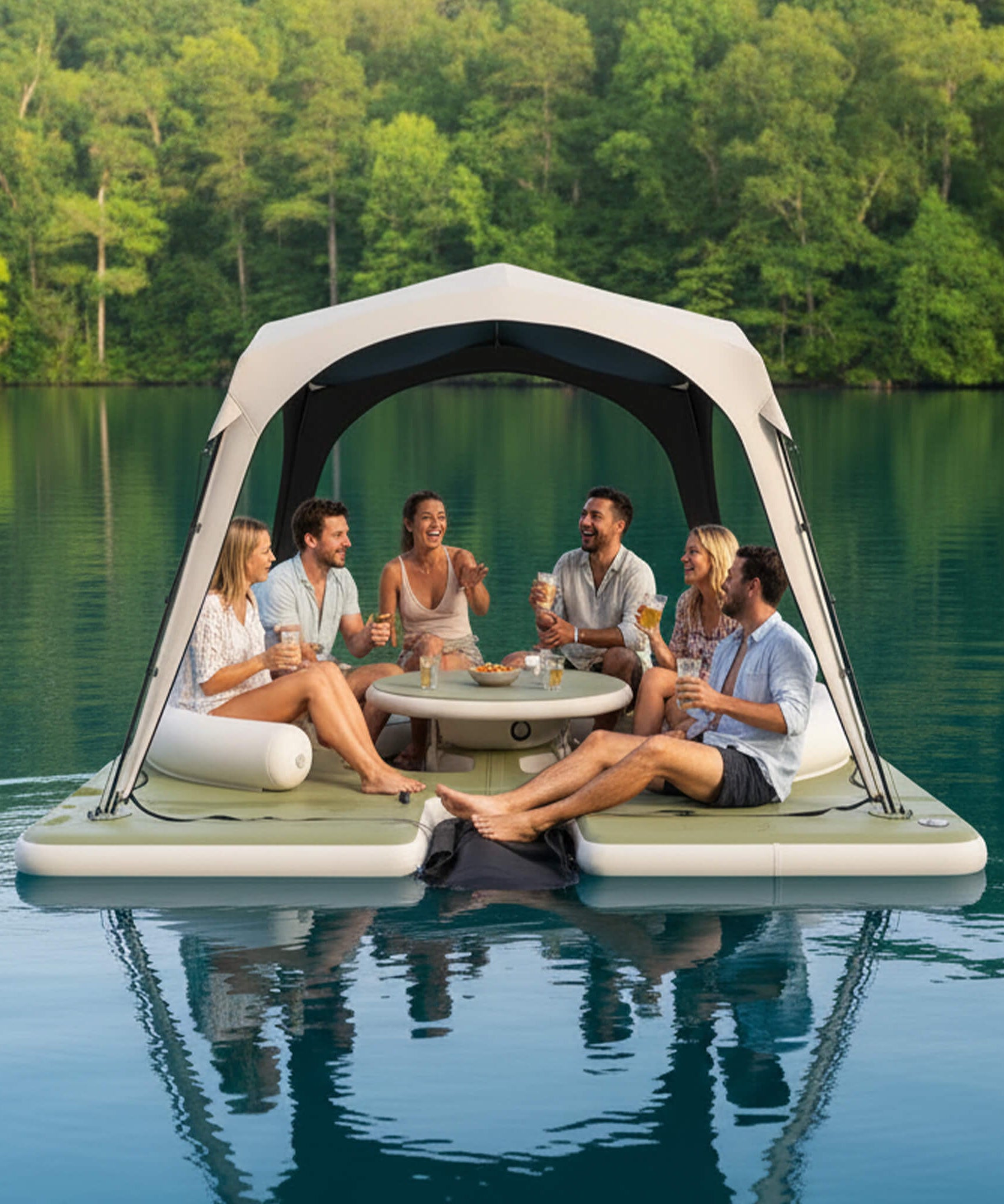 [11X11FT] Premium Floating Dock Lounge With With Ladder, Double Seats, Table, And Canopy (SAK49273)
