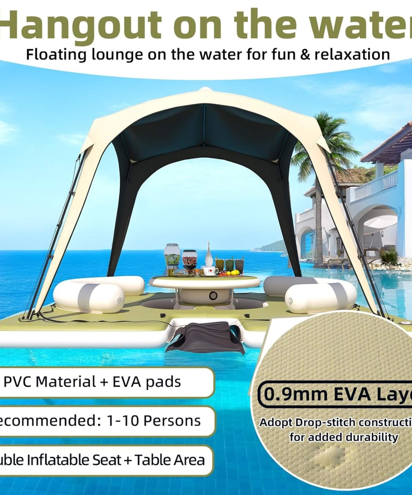 [11X11FT] Premium Floating Dock Lounge With With Ladder, Double Seats, Table, And Canopy (SAK49273)