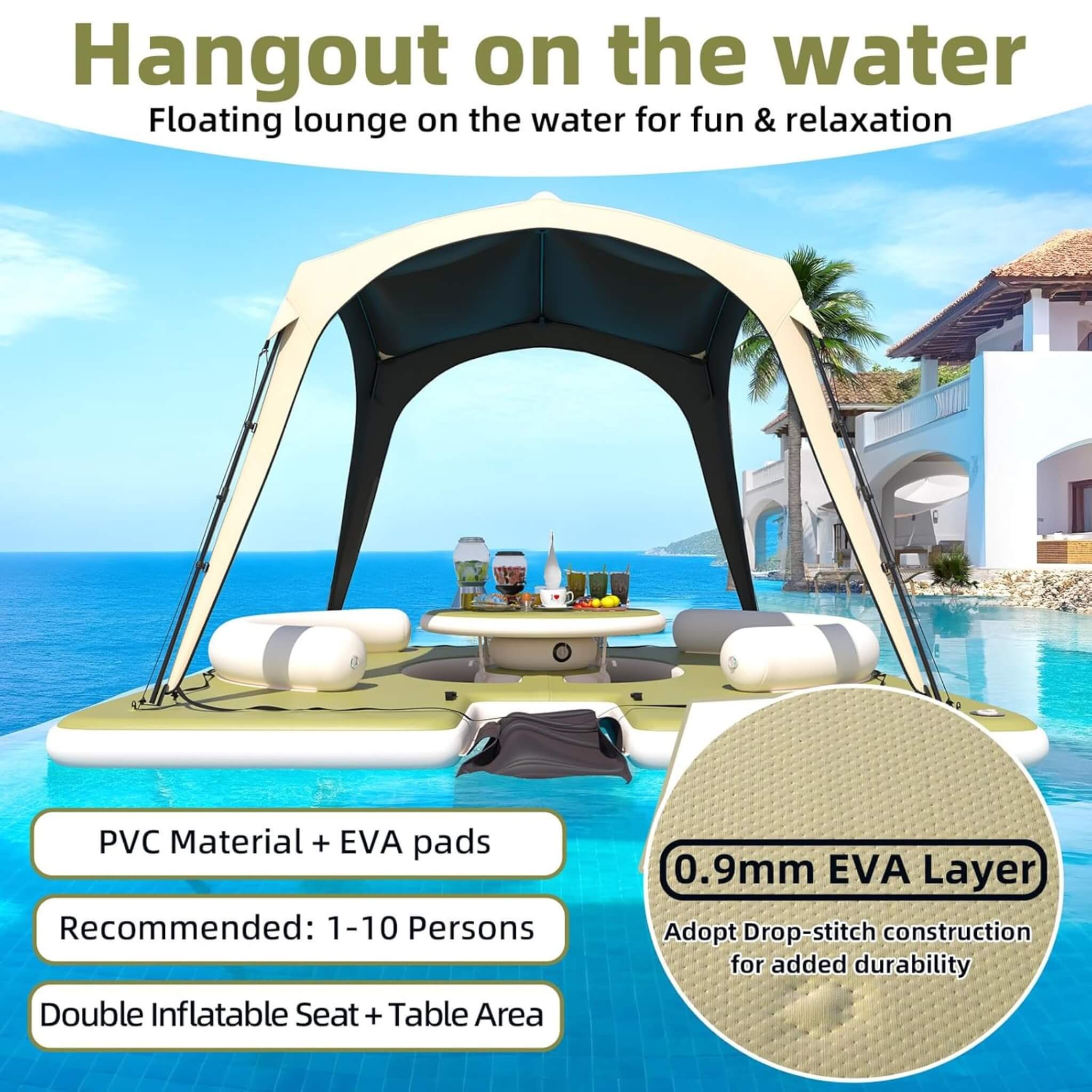 [11X11FT] Premium Floating Dock Lounge With With Ladder, Double Seats, Table, And Canopy (SAK49273)