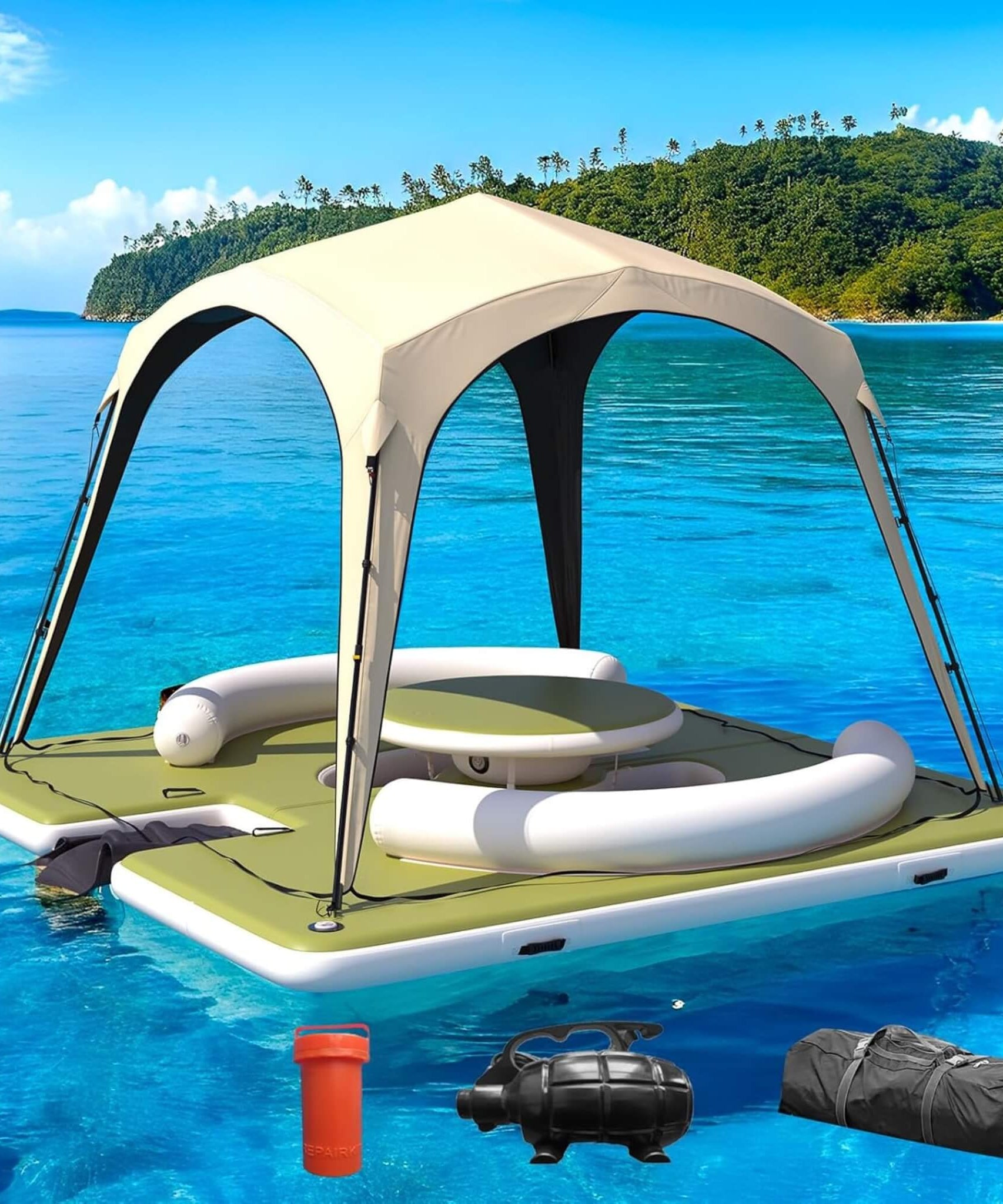 [11X11FT] Premium Floating Dock Lounge With With Ladder, Double Seats, Table, And Canopy (SAK49273)