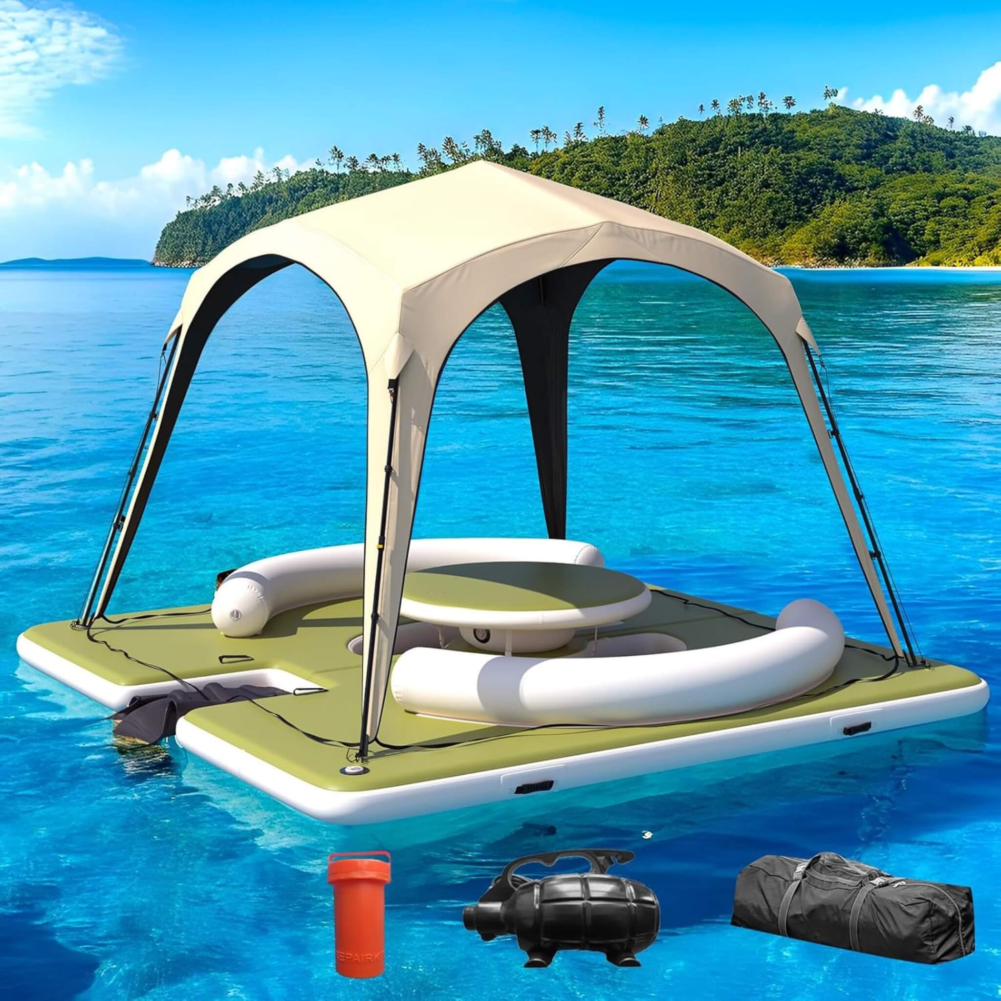 [11X11FT] Premium Floating Dock Lounge With With Ladder, Double Seats, Table, And Canopy (SAK49273)