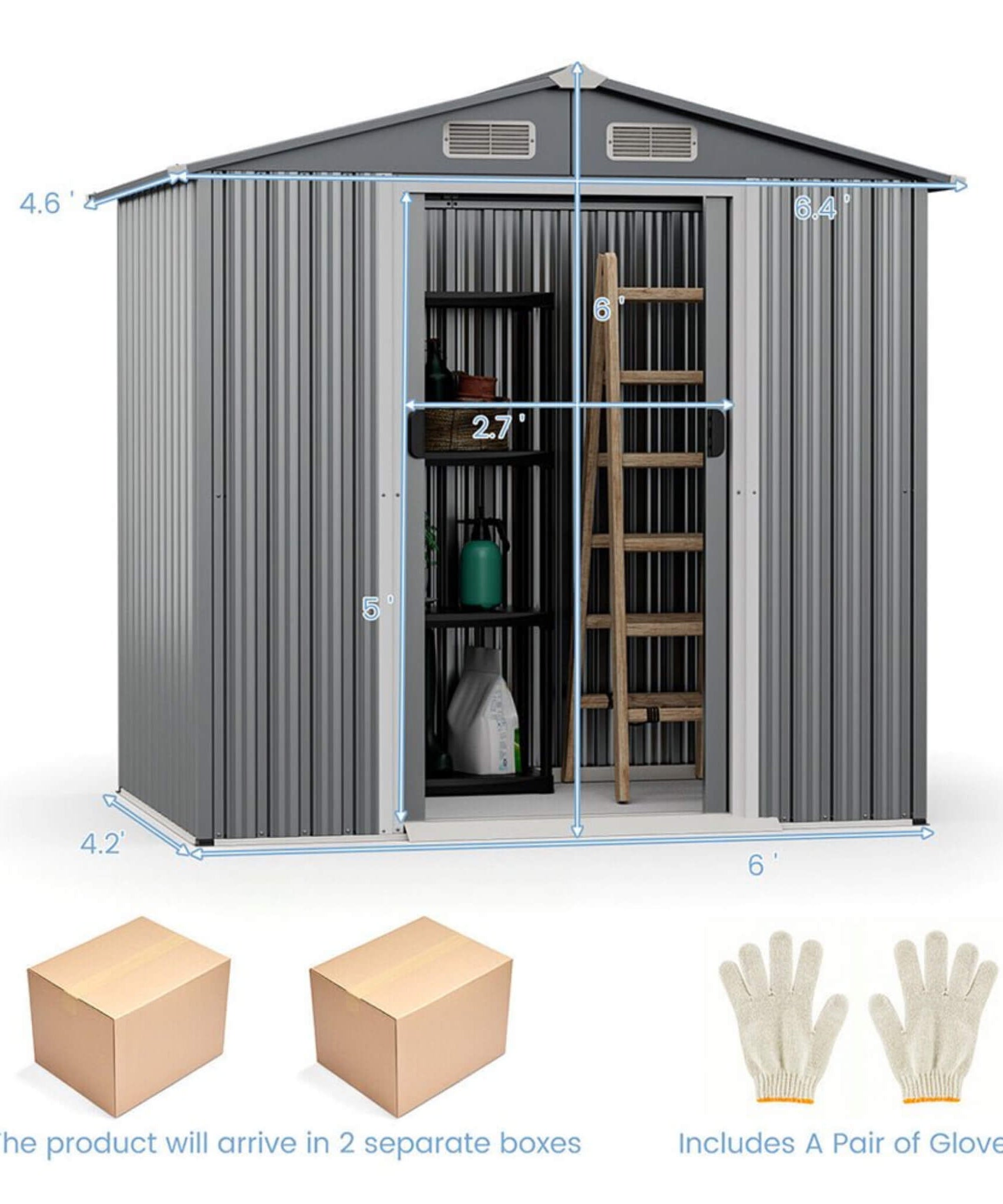 [04X06FT] Alora Premium Garden Galvanized Steel Storage Shed W/ Lockable Sliding Doors (SAK75842)