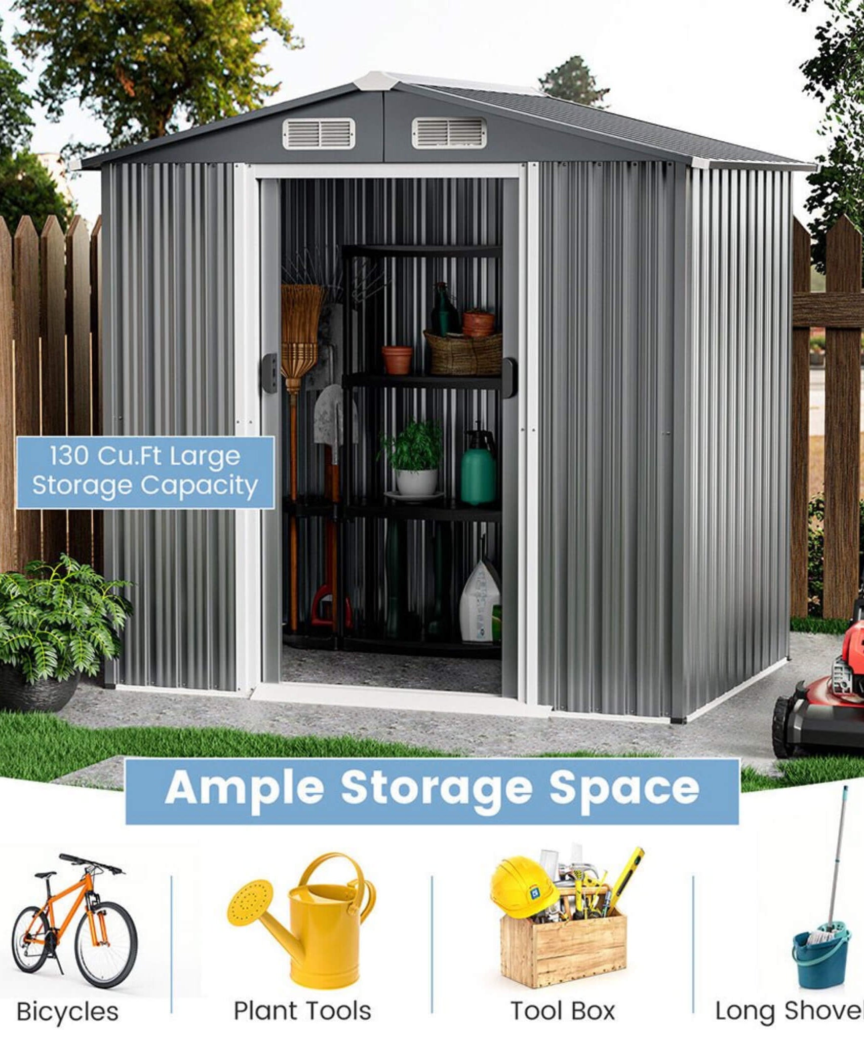 [04X06FT] Alora Premium Garden Galvanized Steel Storage Shed W/ Lockable Sliding Doors (SAK75842)