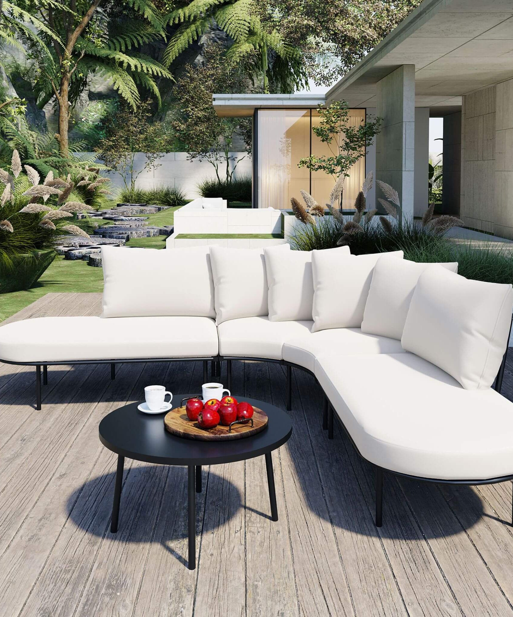Alora Premium Half-Moon 6-Person Curved All-Weather Outdoor Furniture Sofa Patio Set With Coffee Table And Cushions (SAK76332)
