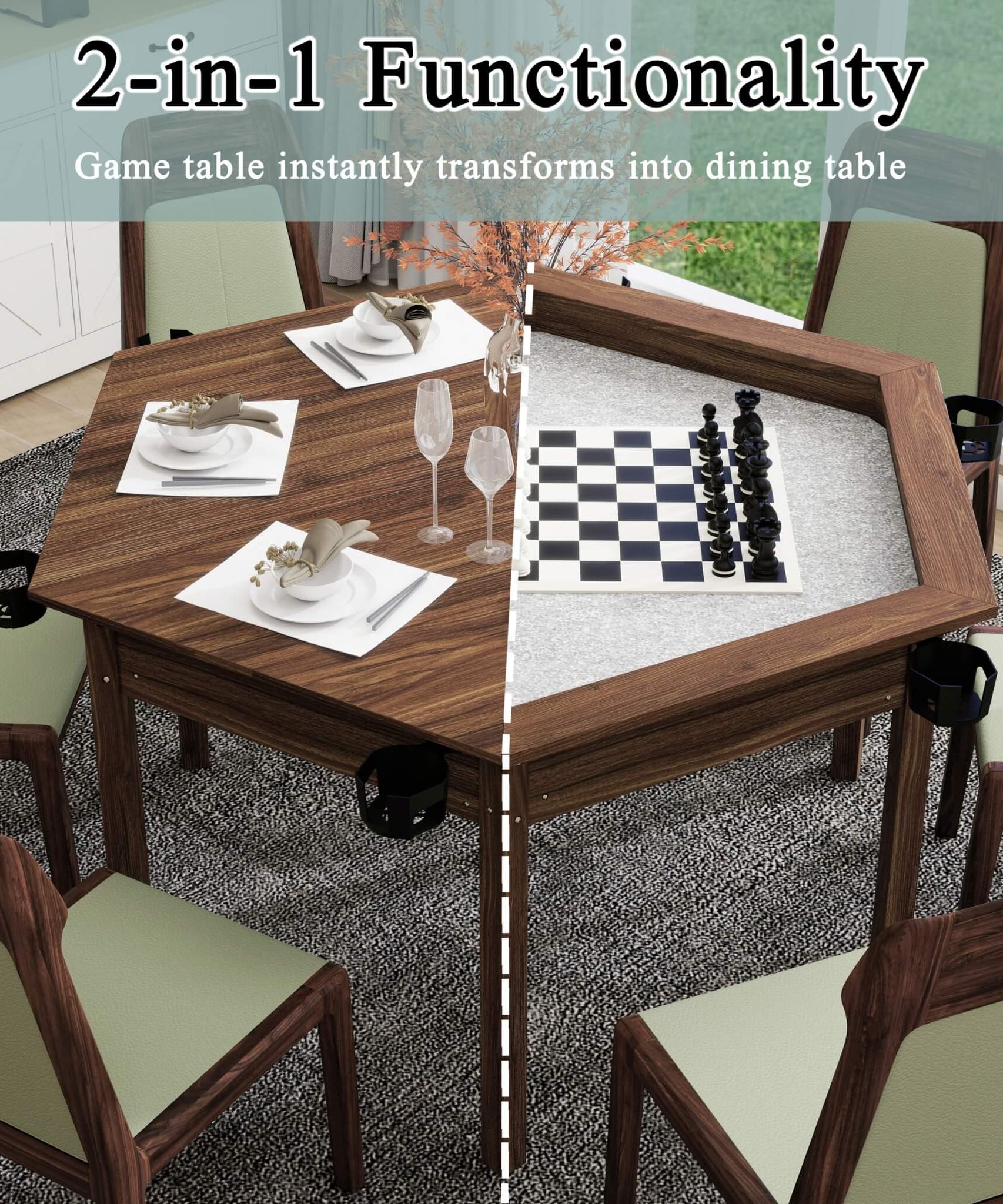 Premium 6-Person Hexagonal Game And Dining Table With Top, Mat And Cup Holders (SAK67845)