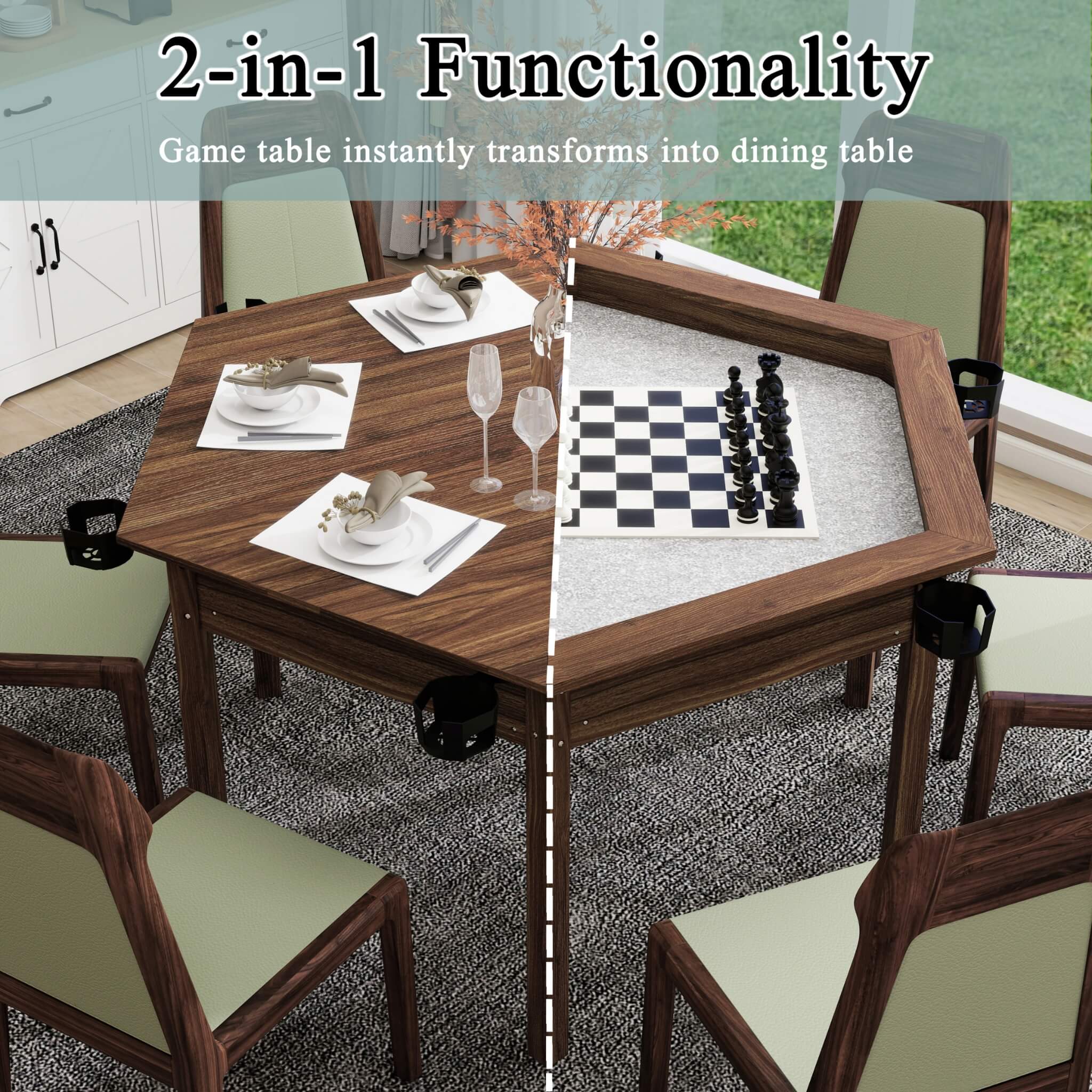 Premium 6-Person Hexagonal Game And Dining Table With Top, Mat And Cup Holders (SAK67845)