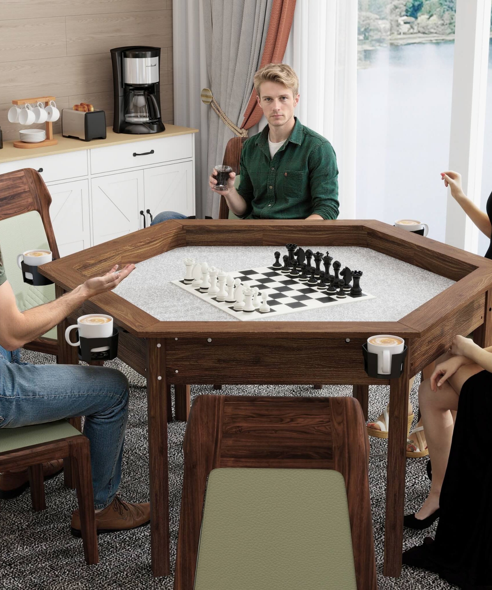 Premium 6-Person Hexagonal Game And Dining Table With Top, Mat And Cup Holders (SAK67845)