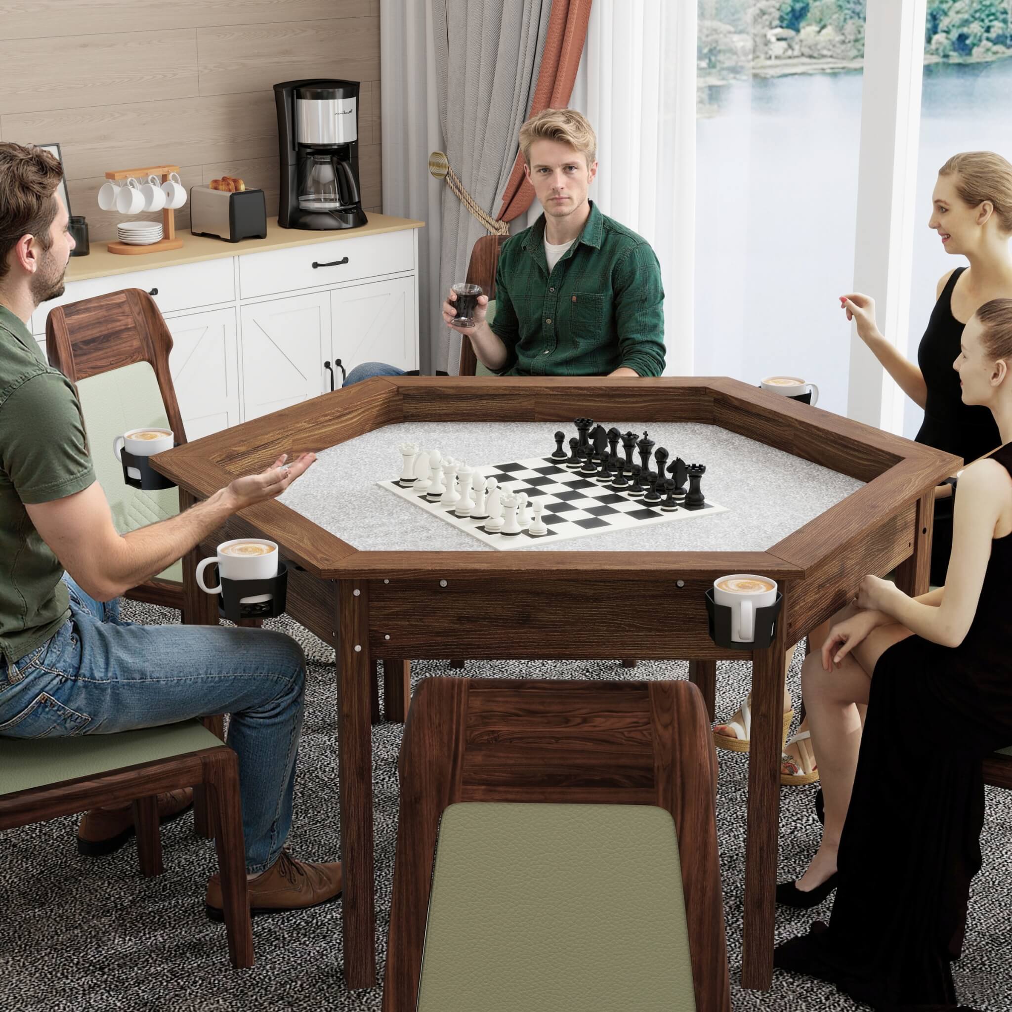 Premium 6-Person Hexagonal Game And Dining Table With Top, Mat And Cup Holders (SAK67845)