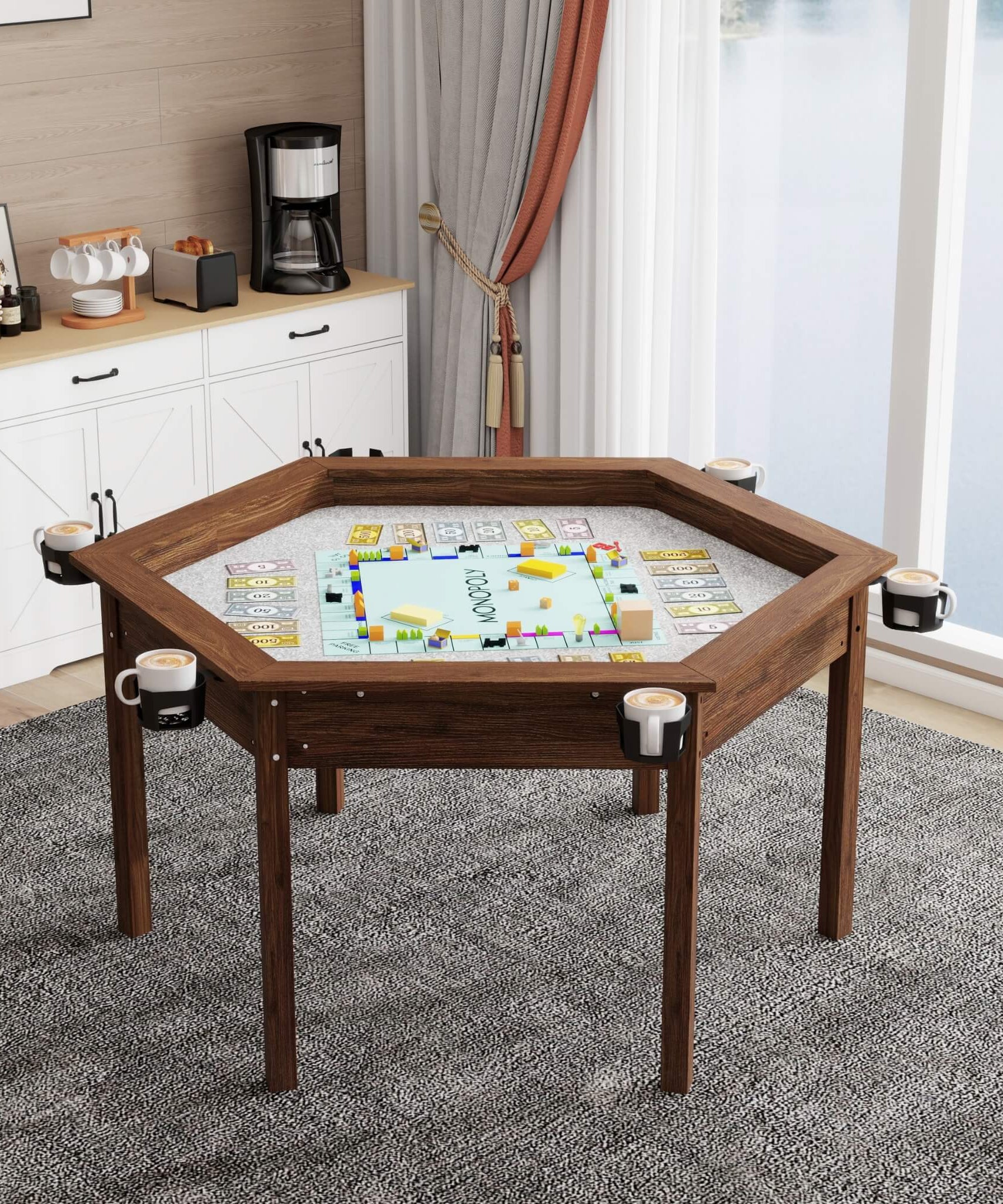Premium 6-Person Hexagonal Game And Dining Table With Top, Mat And Cup Holders (SAK67845)