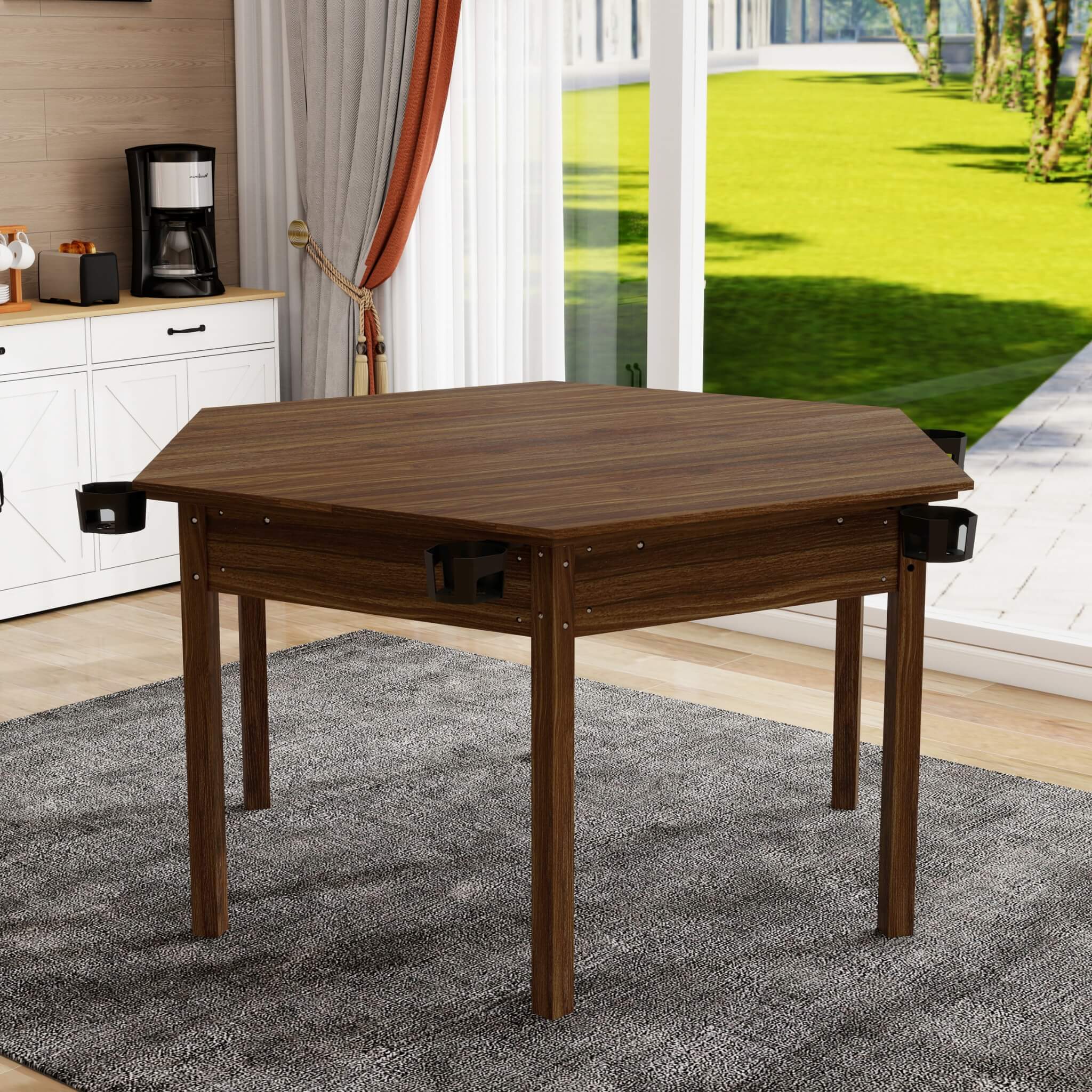 Premium 6-Person Hexagonal Game And Dining Table With Top, Mat And Cup Holders (SAK67845)