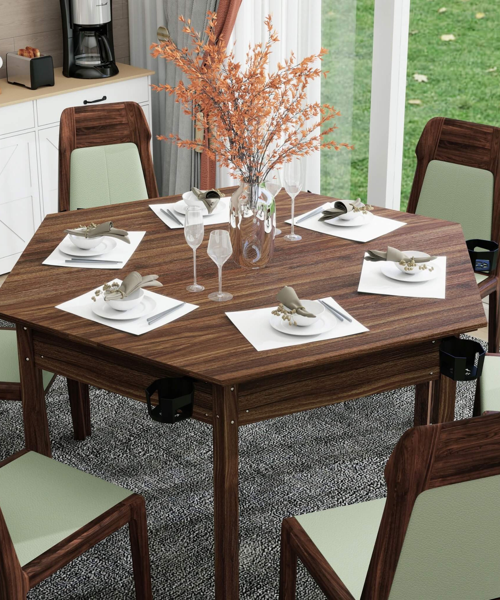 Premium 6-Person Hexagonal Game And Dining Table With Top, Mat And Cup Holders (SAK67845)