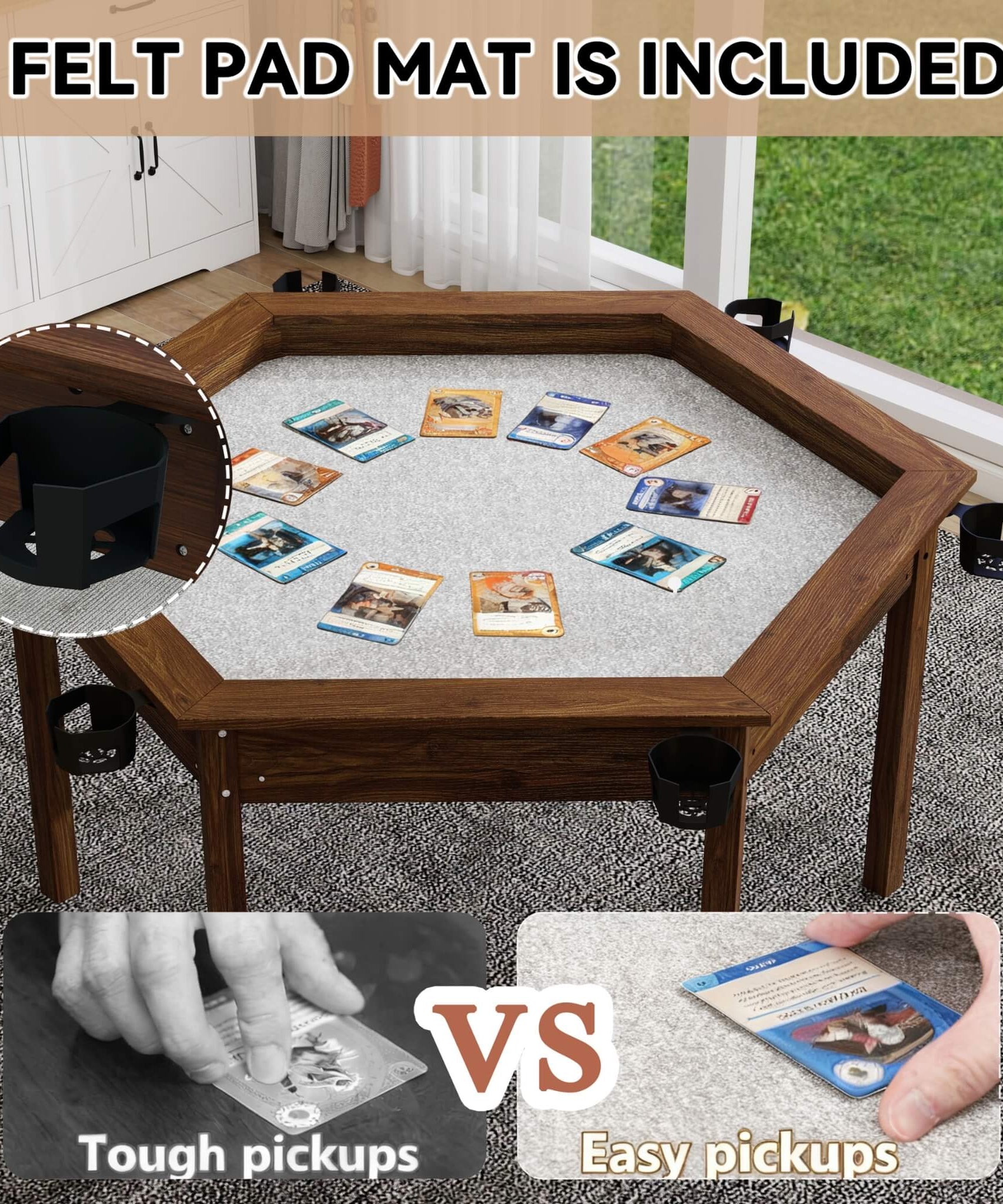 Premium 6-Person Hexagonal Game And Dining Table With Top, Mat And Cup Holders (SAK67845)