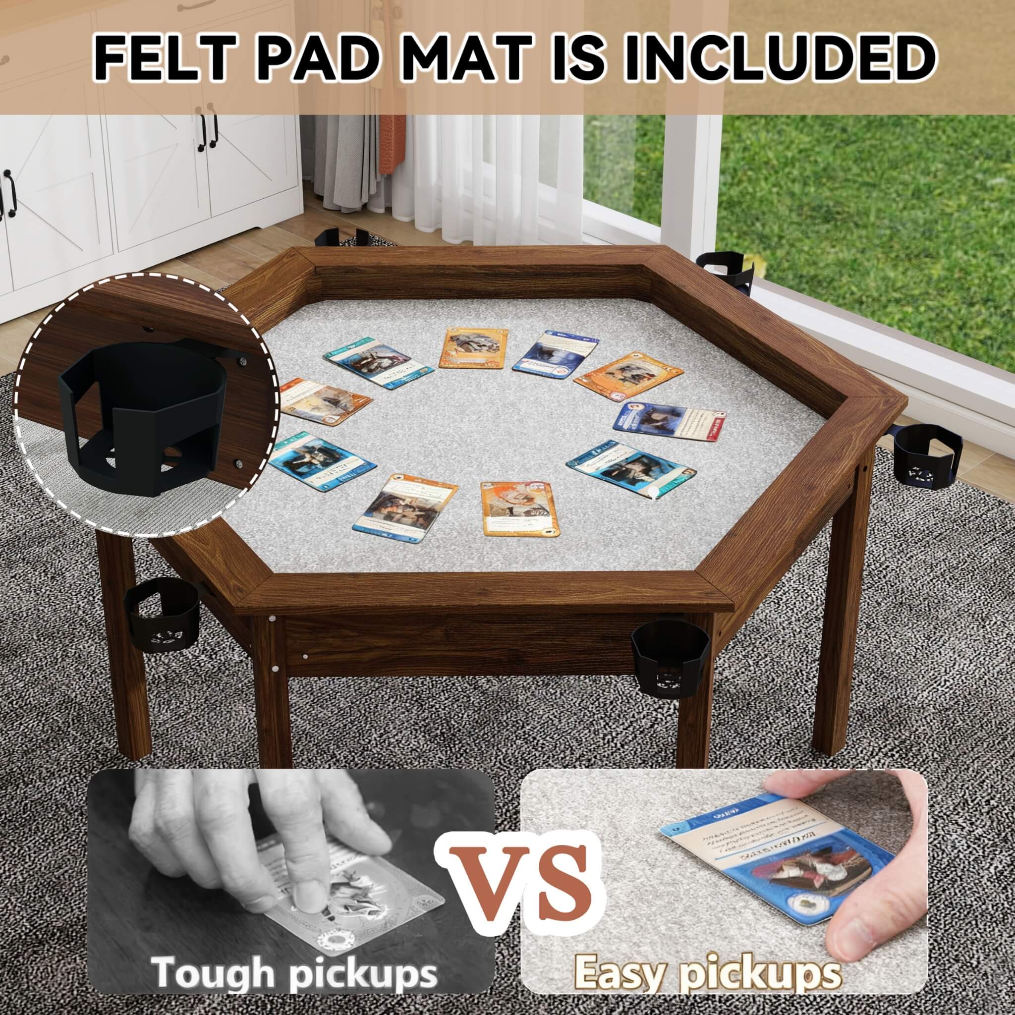 Premium 6-Person Hexagonal Game And Dining Table With Top, Mat And Cup Holders (SAK67845)
