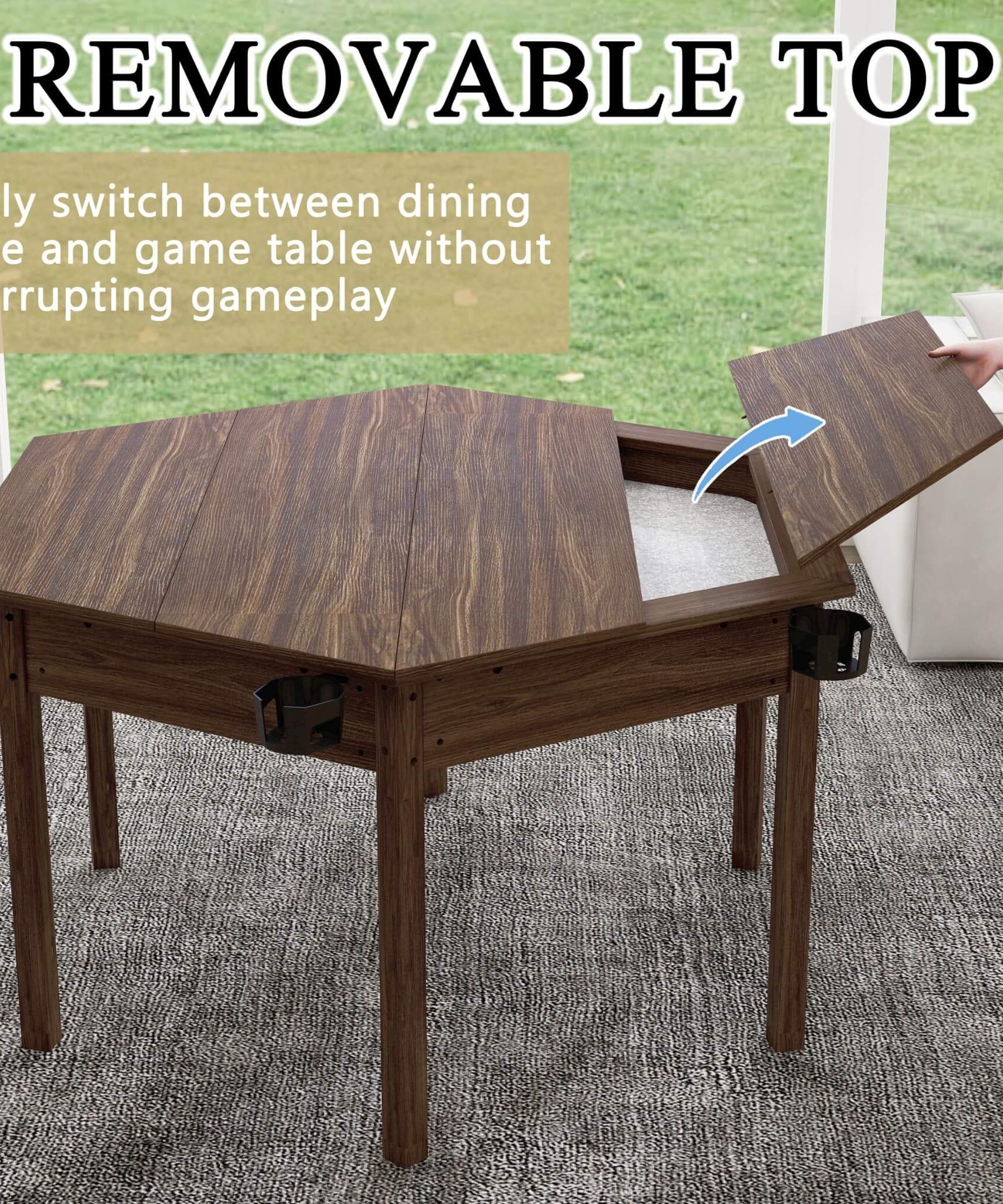 Premium 6-Person Hexagonal Game And Dining Table With Top, Mat And Cup Holders (SAK67845)